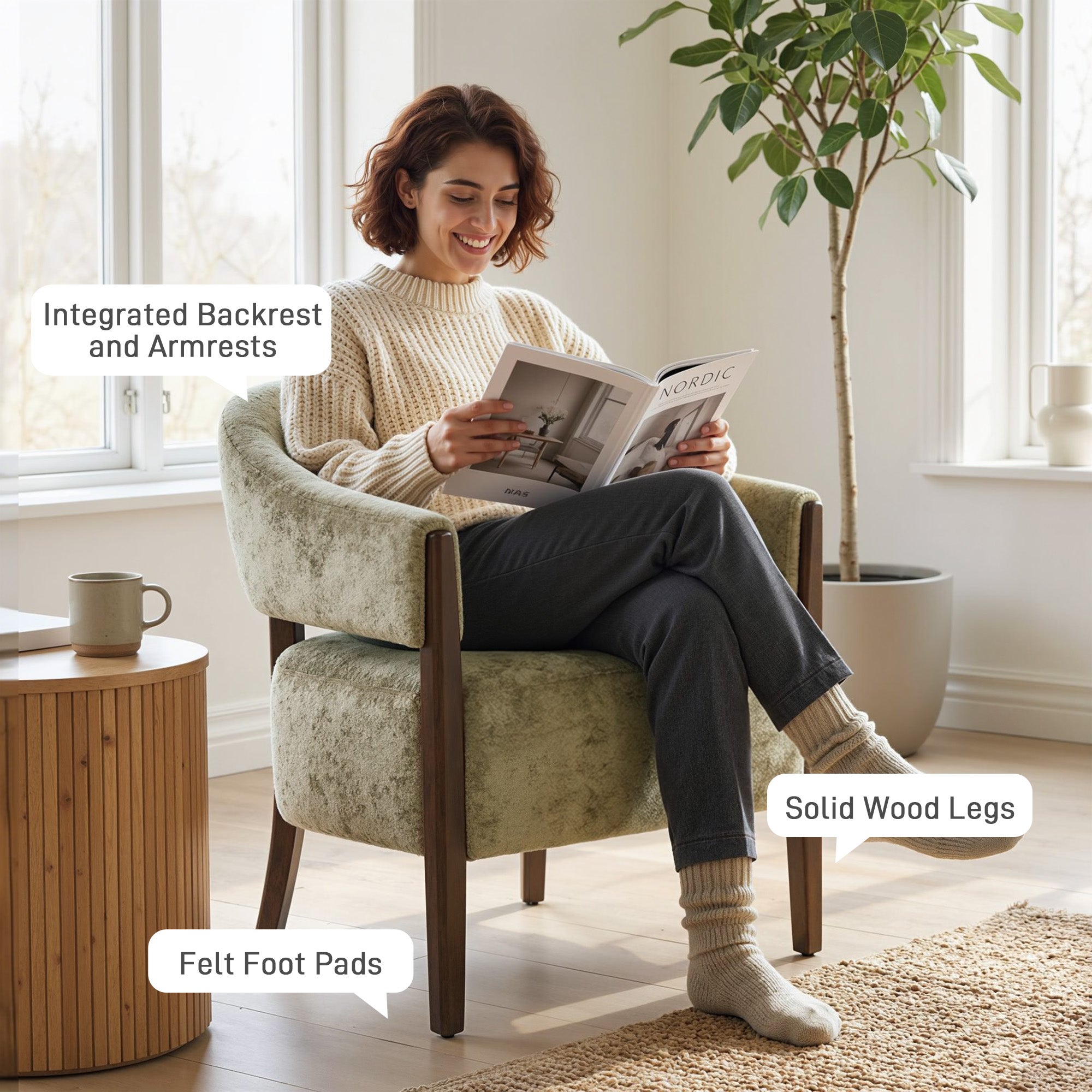 Accent Chair, Chenille Upholstered Tub Chair with Solid Wood Frame and Legs, Comfy Armchair for Living Room, Bedroom, Light Brown