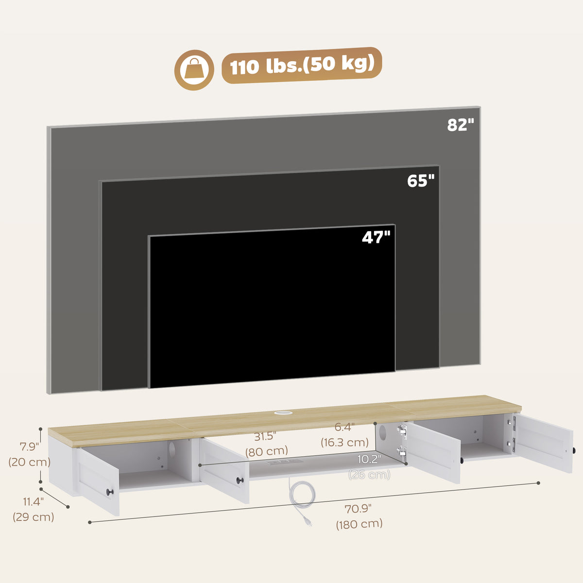 Floating TV Stand for TVs up to 82 Inch, Modern Wall Mounted Media Console with Power Outlets, Entertainment Center with Storage Shelves for Living Room, Bedroom, White