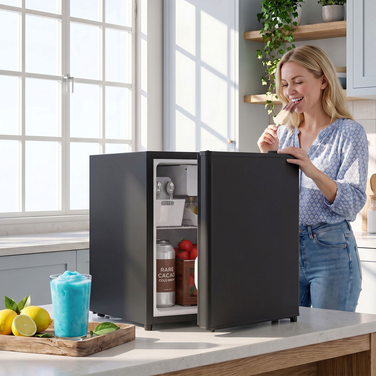Compact Refrigerator, 1.62 Cu Ft Single Door Mini Fridge with Freezer, Adjustable Thermostat, Reversible Door, Energy Saving Fridge for Bedroom, Dorm, Office, Black