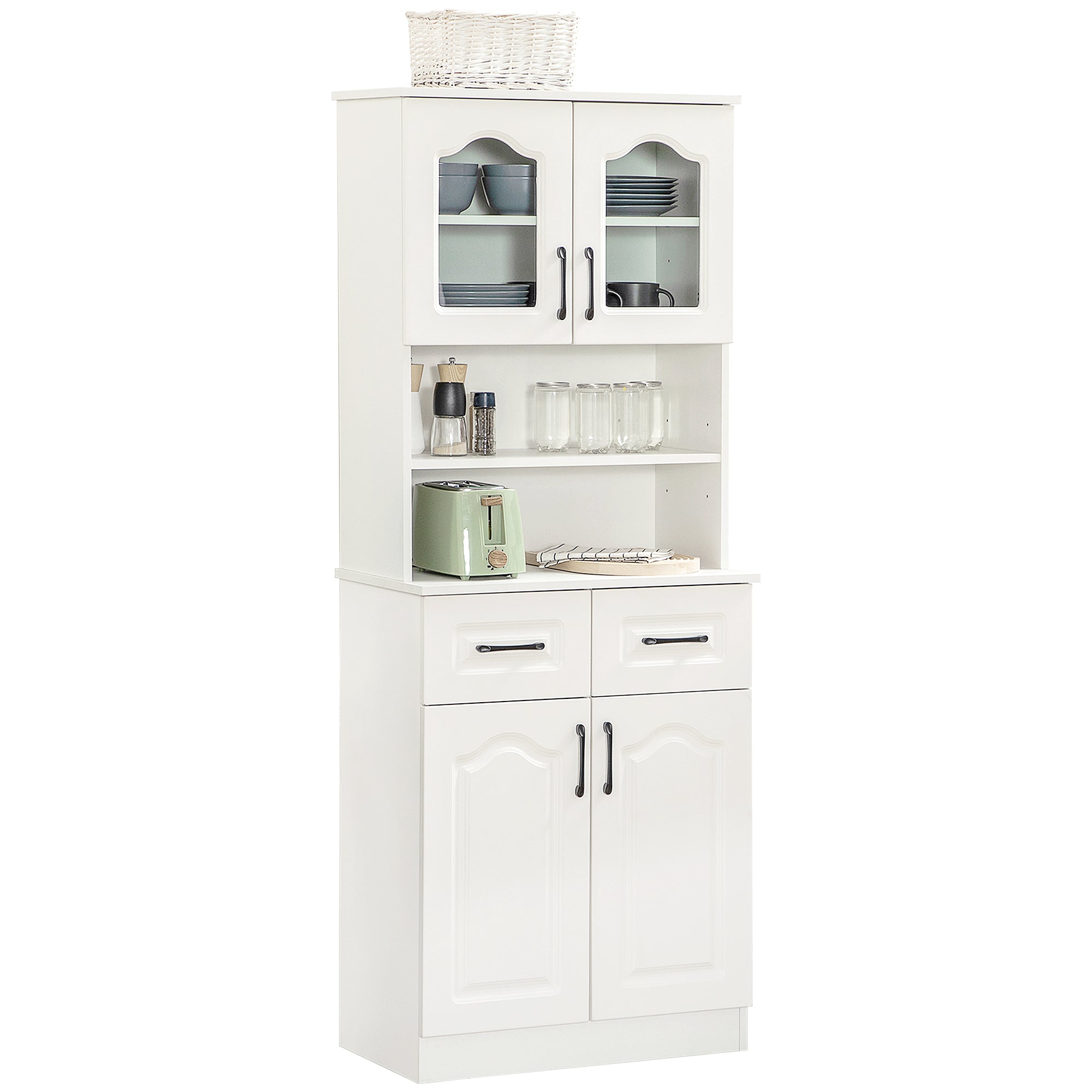 Kitchen Cupboard, Freestanding Storage Cabinet with 2 Adjustable Shelves, 2 Drawers and Open Counter for Living Room, Dining Room, 168cm, White