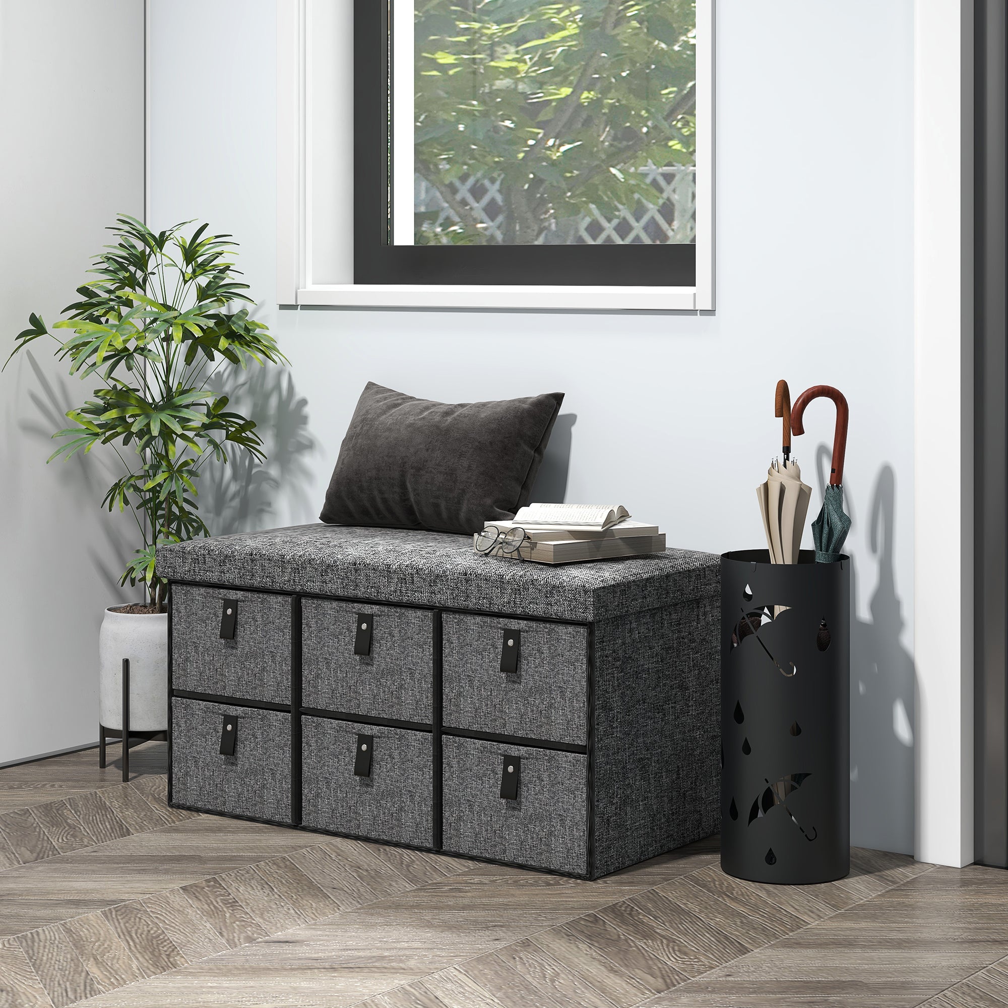 HOMCOM Shoe Bench with Seat, Shoe Storage Bench with Cushion and 6 Fabric Drawers for Entryway, Hallway, Living Room, Bedroom, Dark Grey