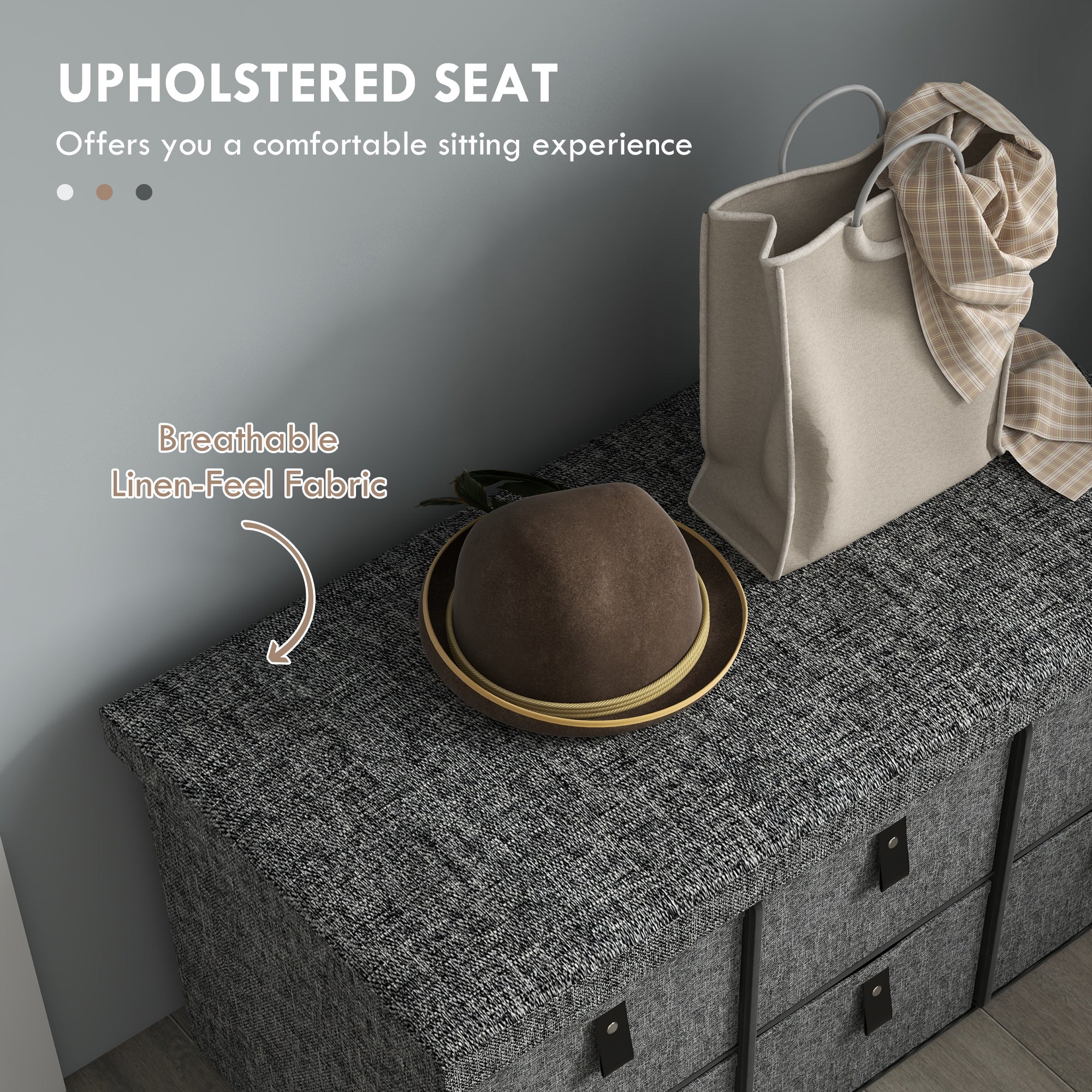 HOMCOM Shoe Bench with Seat, Shoe Storage Bench with Cushion and 6 Fabric Drawers for Entryway, Hallway, Living Room, Bedroom, Dark Grey