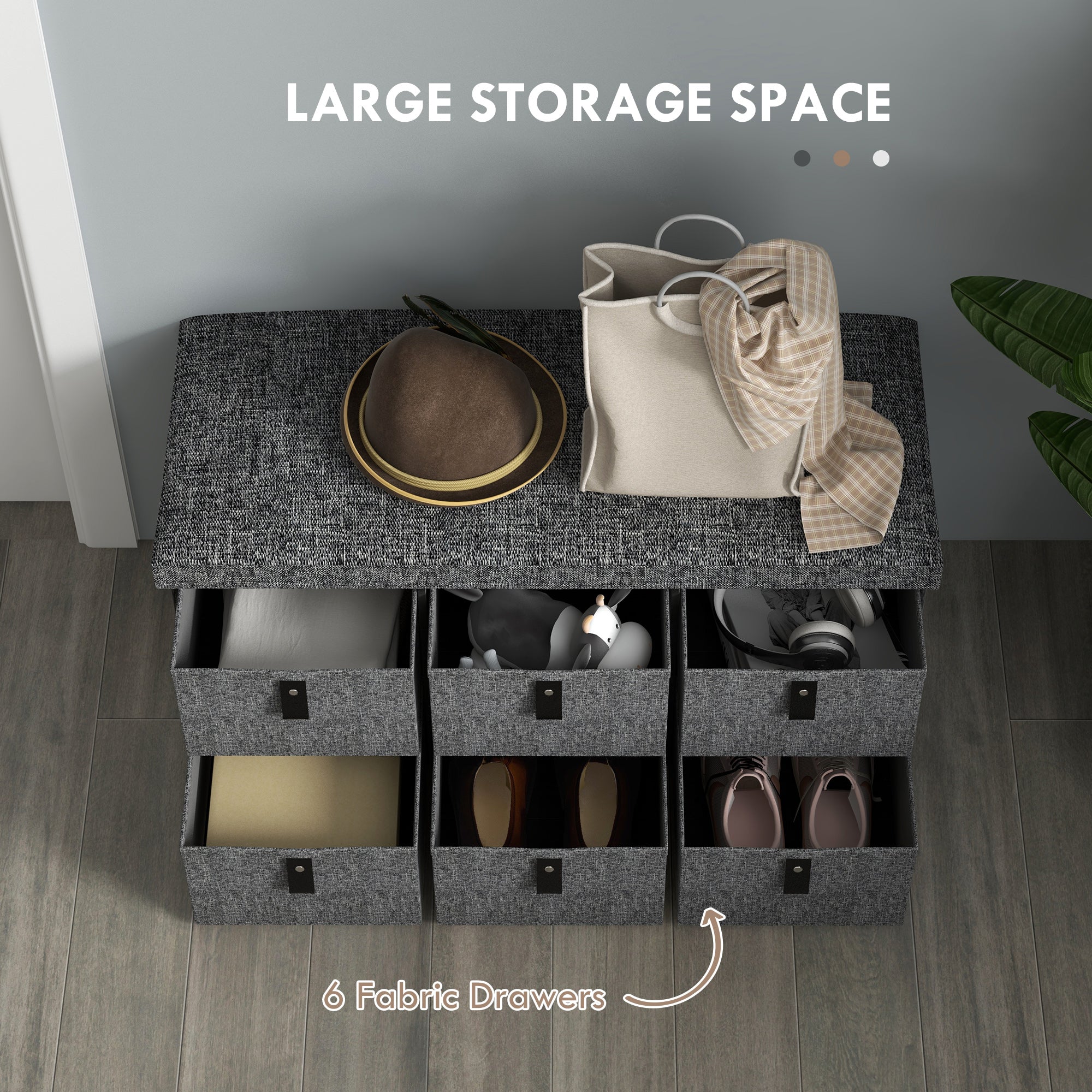 HOMCOM Shoe Bench with Seat, Shoe Storage Bench with Cushion and 6 Fabric Drawers for Entryway, Hallway, Living Room, Bedroom, Dark Grey