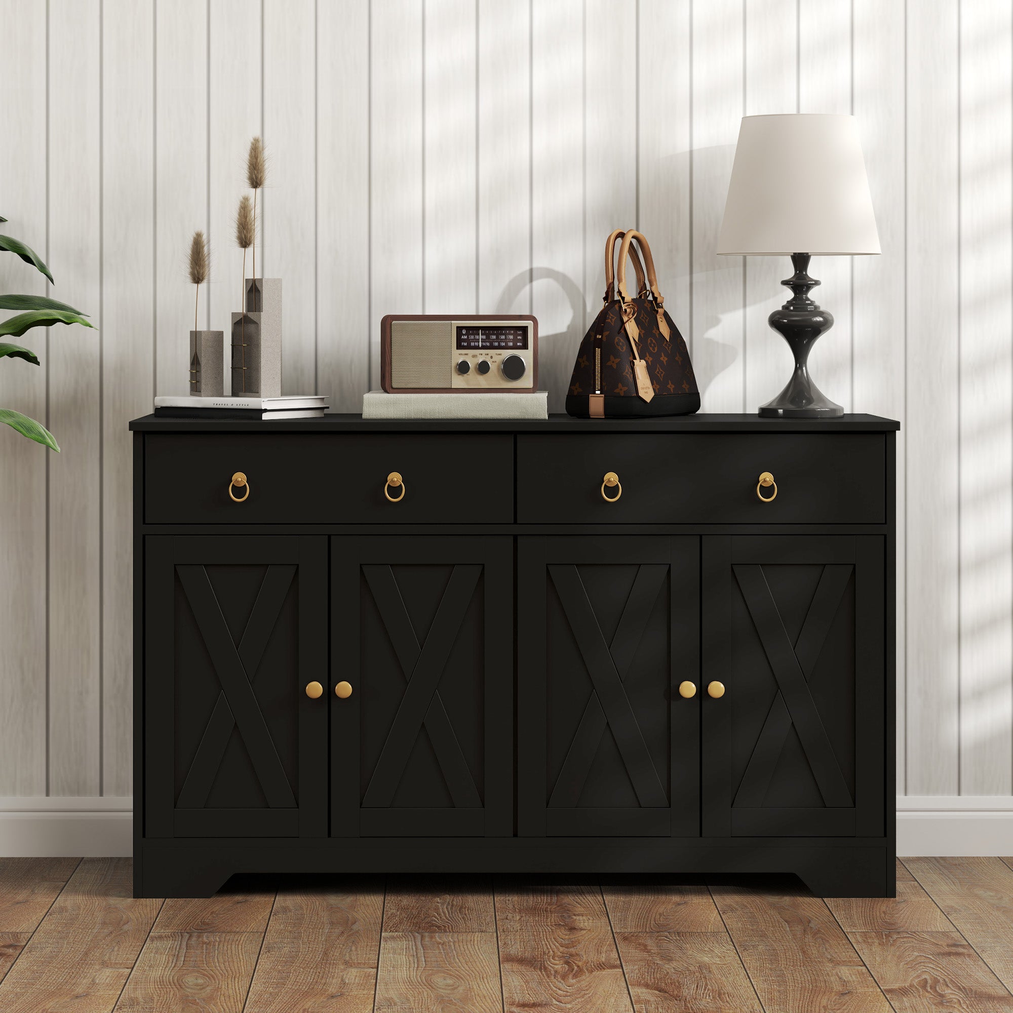 Sideboard Buffet Cabinet with Storage, 48" Kitchen Storage Cabinet with 2 Drawers and 4 Barn Doors, Farmhouse Coffee Bar Cabinet with Adjustable Shelves, Black