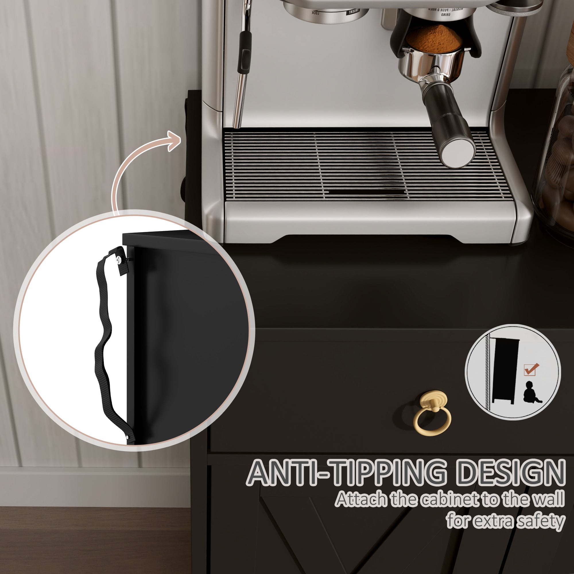 Sideboard Buffet Cabinet with Storage, 48" Kitchen Storage Cabinet with 2 Drawers and 4 Barn Doors, Farmhouse Coffee Bar Cabinet with Adjustable Shelves, Black