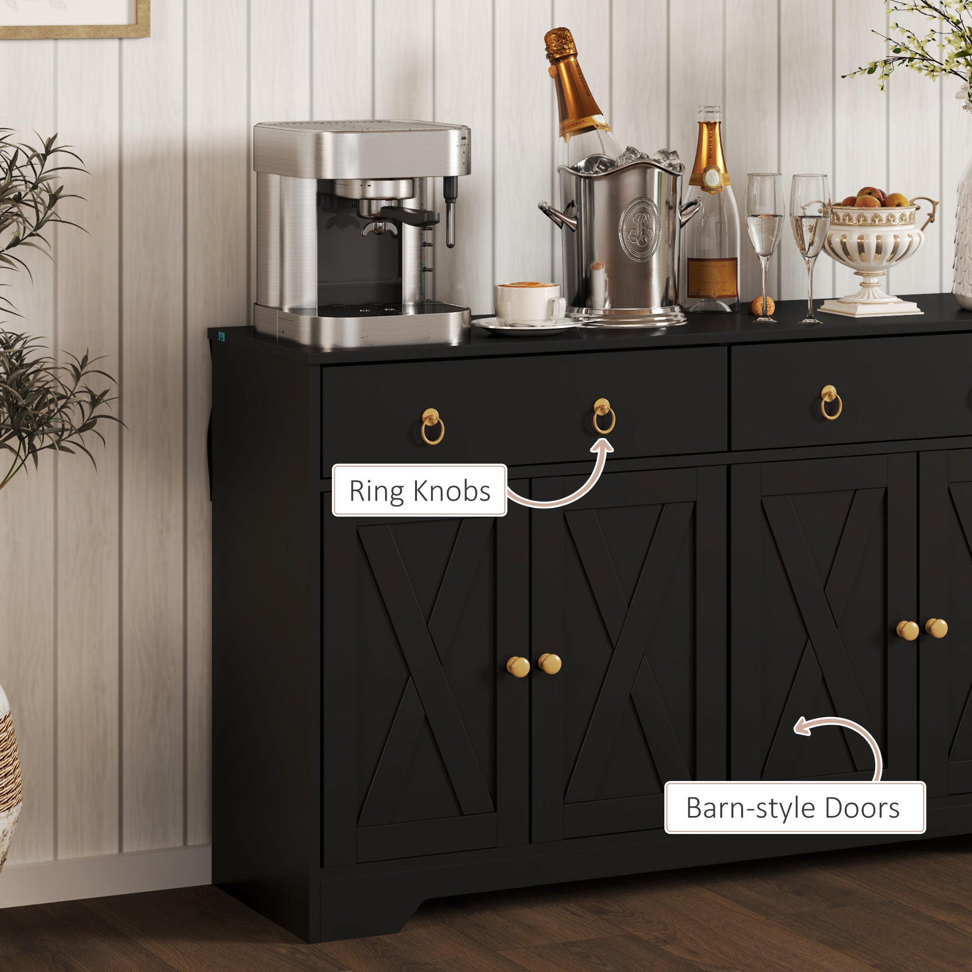 Sideboard Buffet Cabinet with Storage, 48" Kitchen Storage Cabinet with 2 Drawers and 4 Barn Doors, Farmhouse Coffee Bar Cabinet with Adjustable Shelves, Black