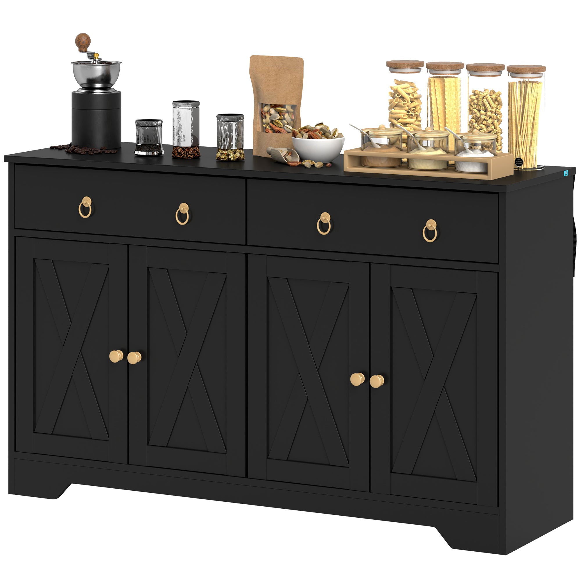 Sideboard Buffet Cabinet with Storage, 48" Kitchen Storage Cabinet with 2 Drawers and 4 Barn Doors, Farmhouse Coffee Bar Cabinet with Adjustable Shelves, Black