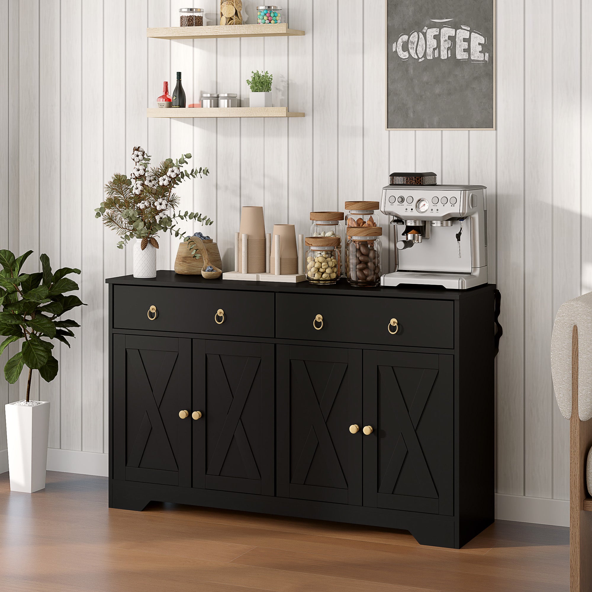 Sideboard Buffet Cabinet with Storage, 48" Kitchen Storage Cabinet with 2 Drawers and 4 Barn Doors, Farmhouse Coffee Bar Cabinet with Adjustable Shelves, Black