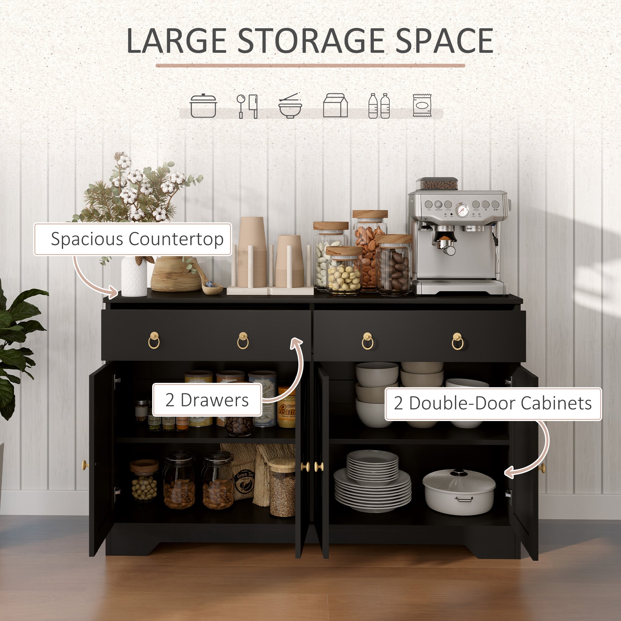 Sideboard Buffet Cabinet with Storage, 48" Kitchen Storage Cabinet with 2 Drawers and 4 Barn Doors, Farmhouse Coffee Bar Cabinet with Adjustable Shelves, Black
