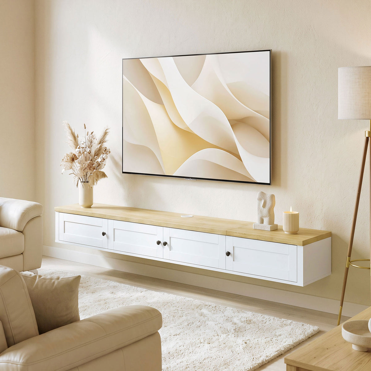 Floating TV Stand for TVs up to 72 Inch, Modern Wall Mounted Media Console with Power Outlets, Entertainment Center with Storage Shelves for Living Room, Bedroom, White
