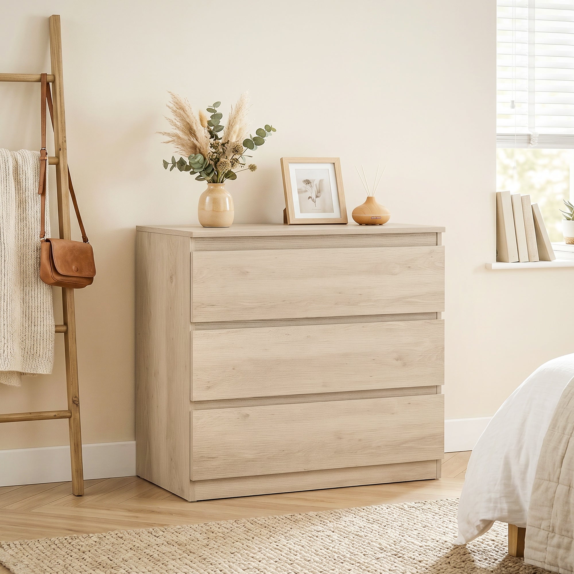 Chest of Drawers, 3-Drawer Storage Organiser Unit for Bedroom, Living Room, 80 x 39 x 73cm, Oak