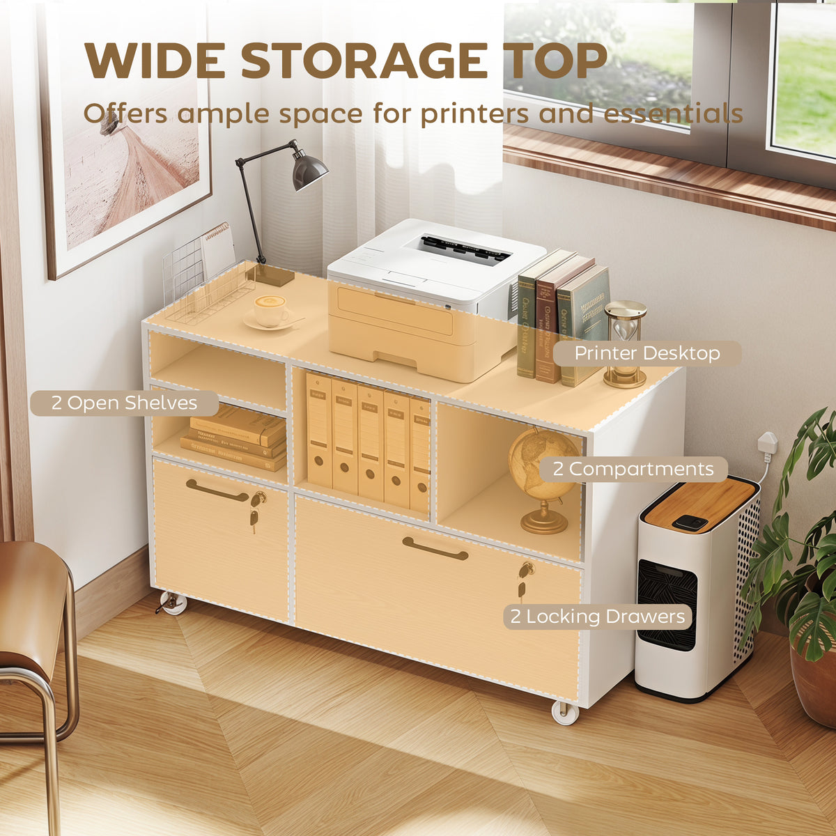 File Cabinet, 2 Drawer Mobile Lateral Filing Cabinet with Lock, Charging Station, Printer Stand with Shelves, Hanging Bars, Fits A4/Letter/Legal Size for Home Office, White