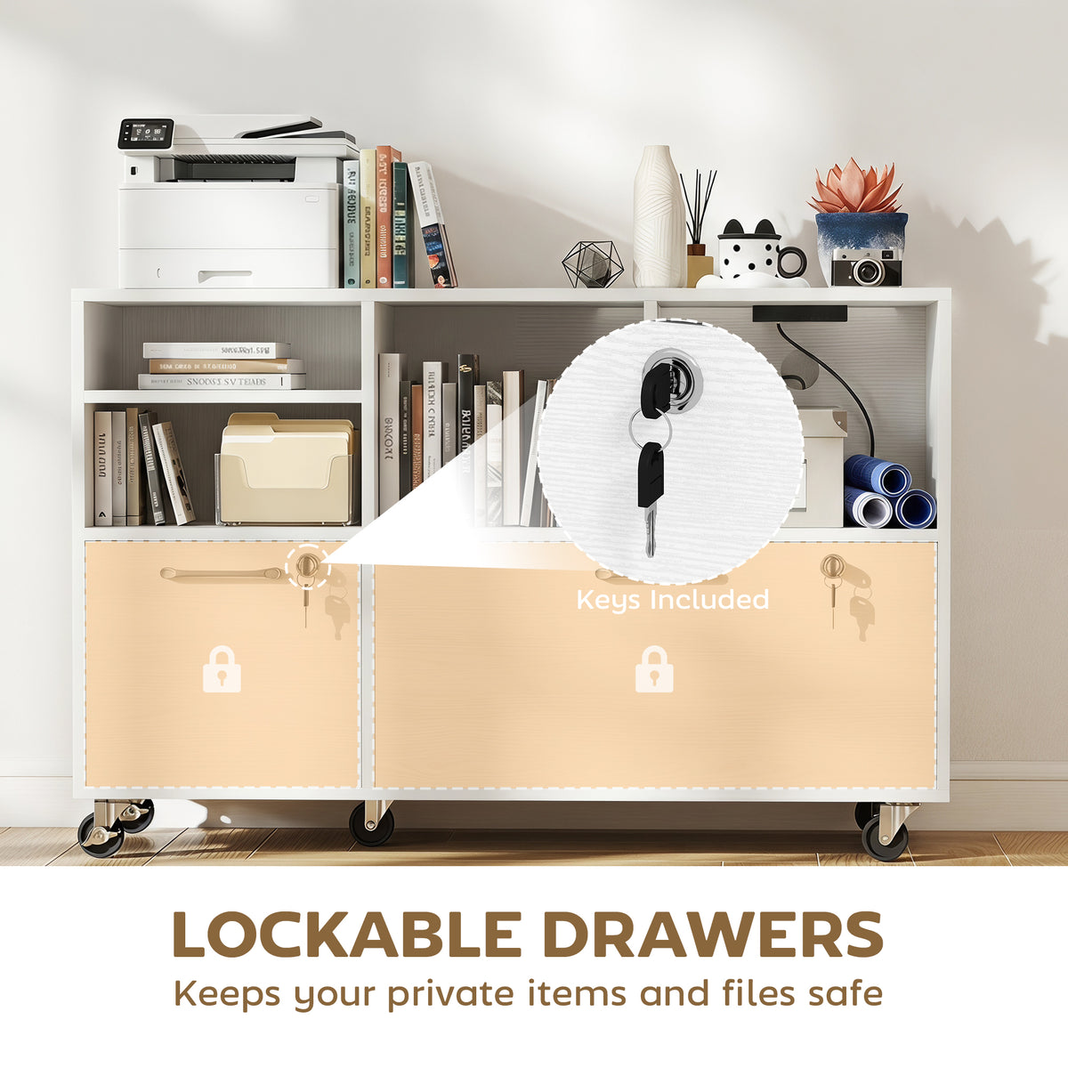 File Cabinet, 2 Drawer Mobile Lateral Filing Cabinet with Lock, Charging Station, Printer Stand with Shelves, Hanging Bars, Fits A4/Letter/Legal Size for Home Office, White