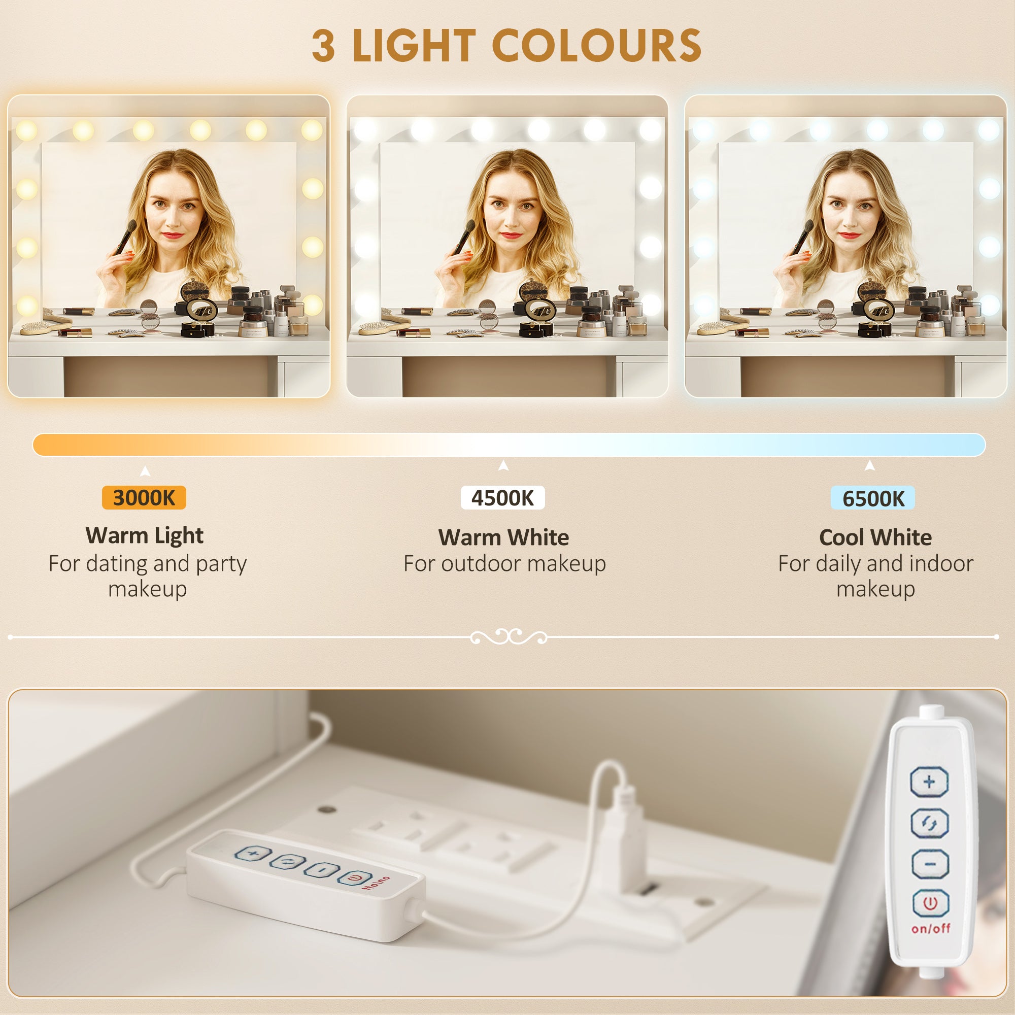 Vanity Desk with Mirror and 12 LED Lights, Makeup Table with Power Outlet, 3 Light Colour, 6 Drawers and 2 Open Shelves, Dressing Table for Bedroom, Dressing Room, White