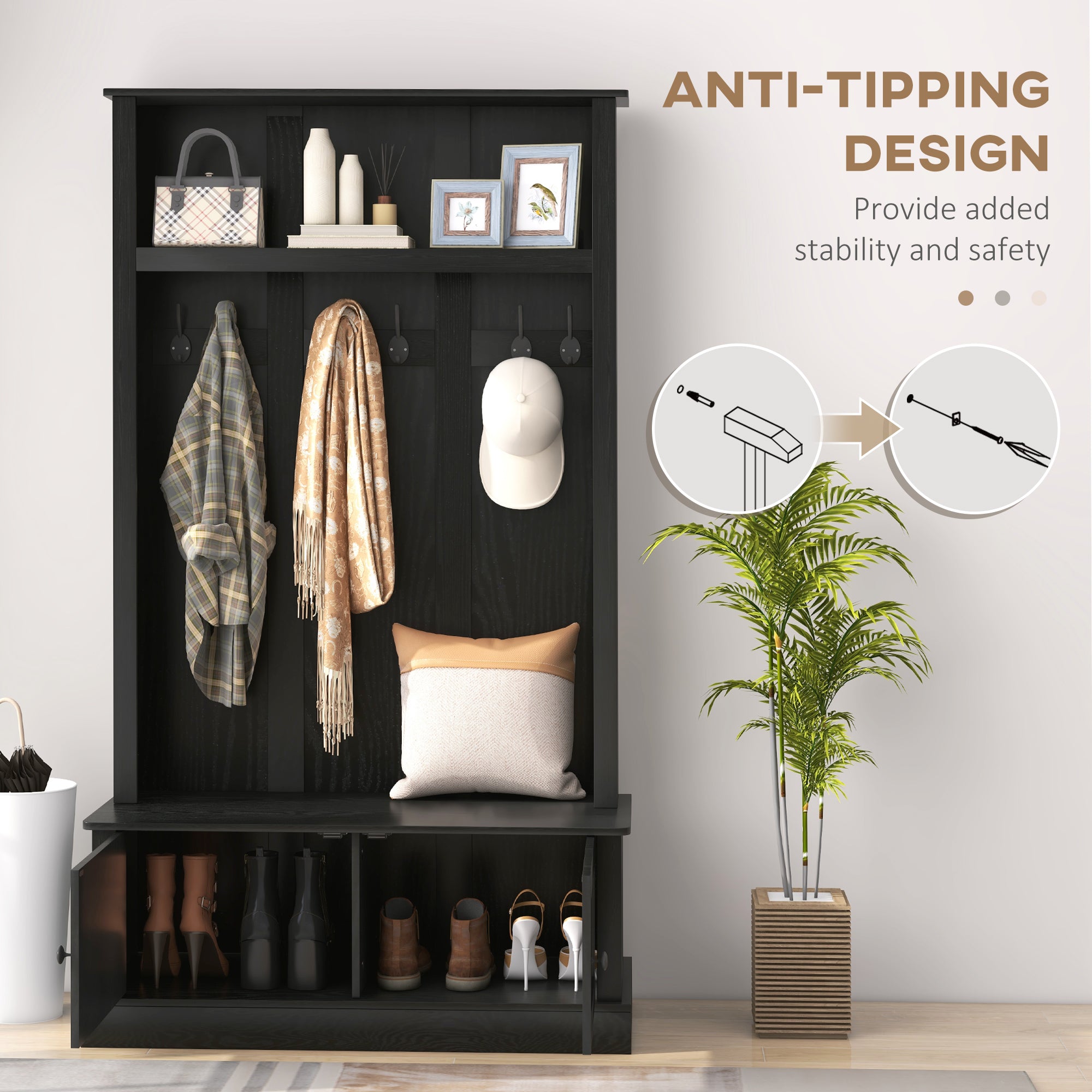 Hall Tree Entryway Bench with Coat Rack Black