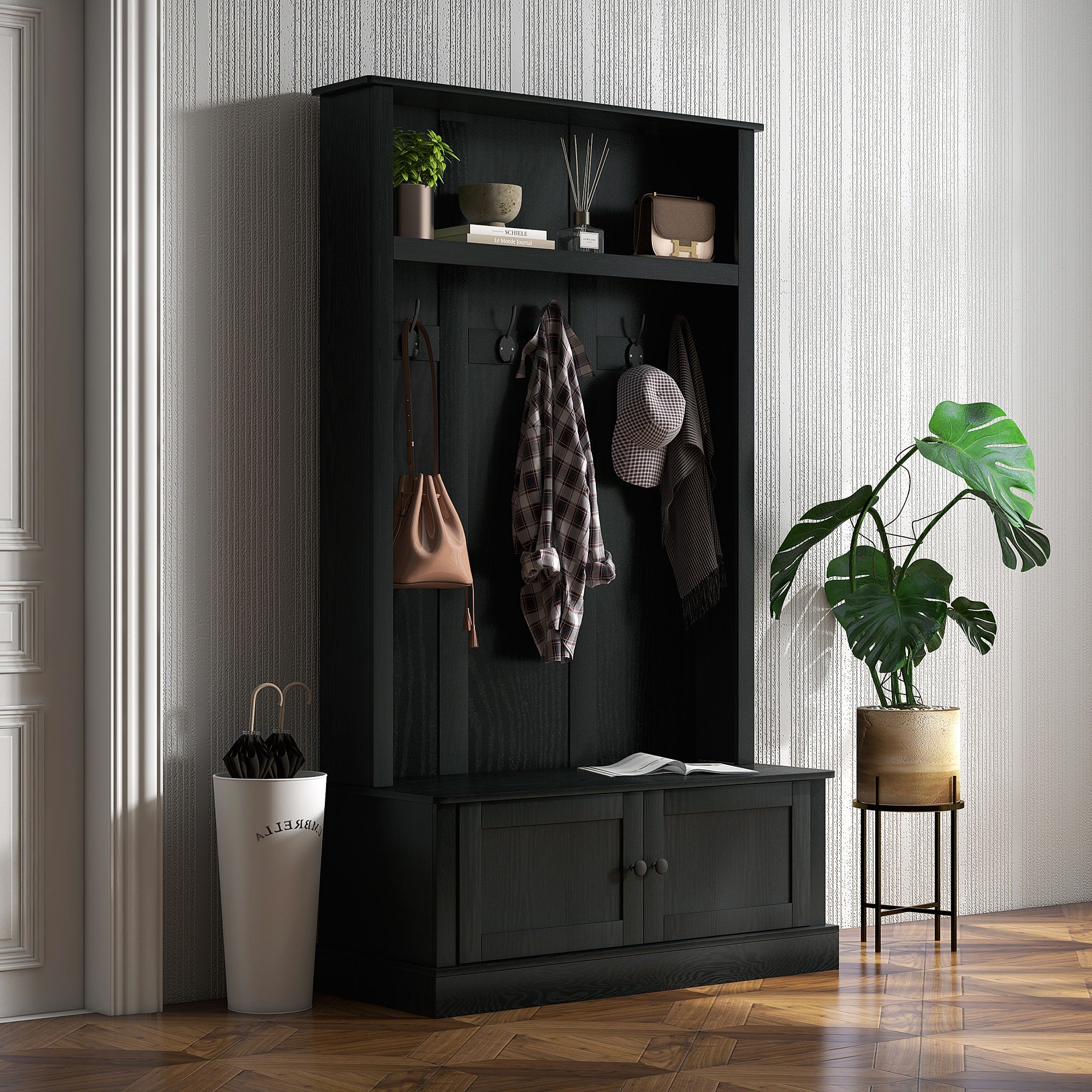 Hall Tree Entryway Bench with Coat Rack Black