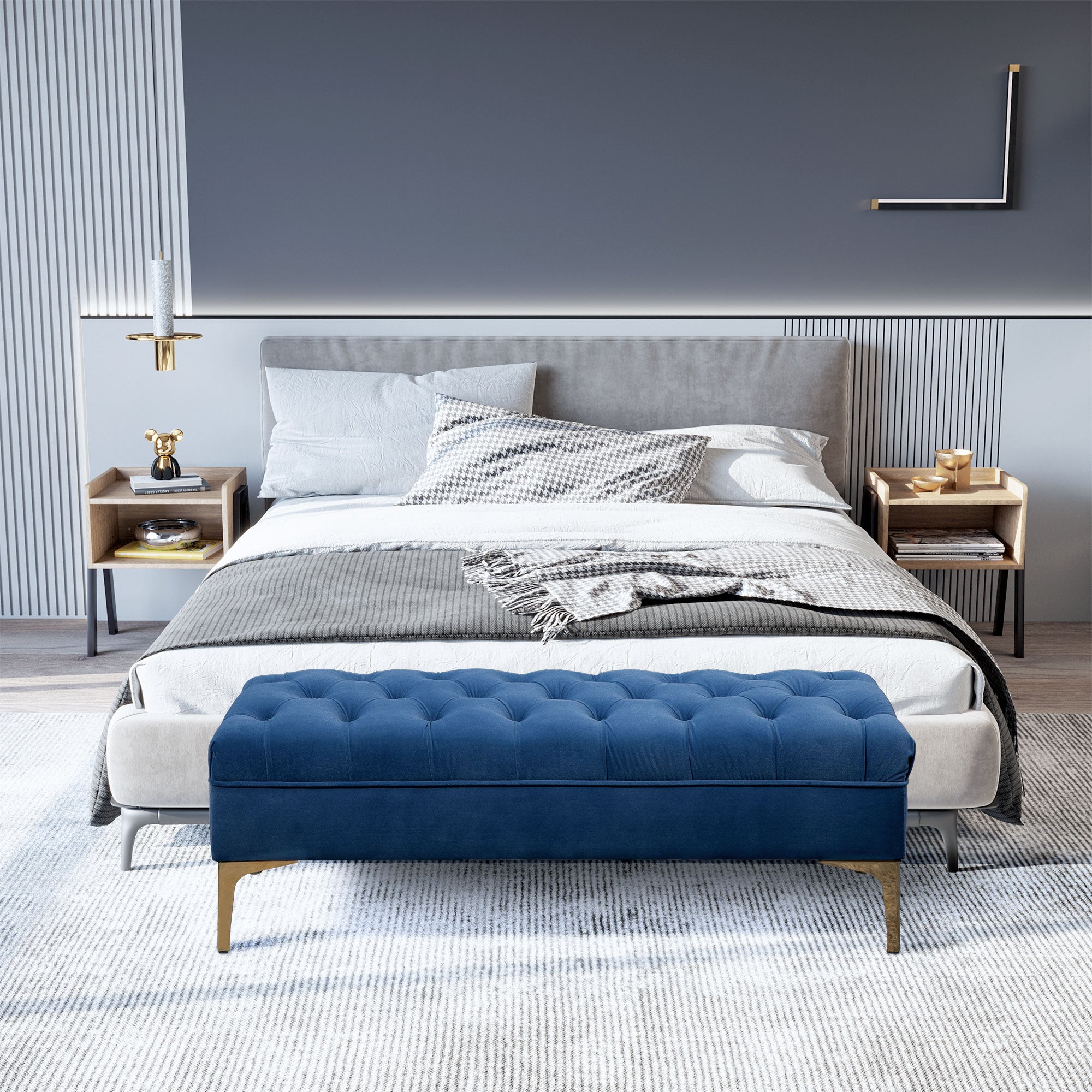 HOMCOM Velvet Upholstered Bench, End of Bed Bench, Entryway Shoe Bench with Button Tufted for Living Room, Bedroom, Blue