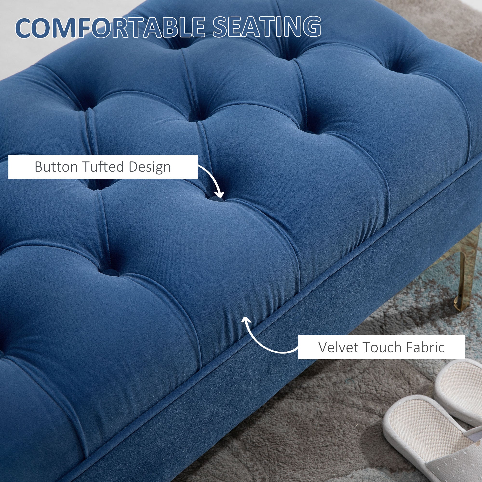 HOMCOM Velvet Upholstered Bench, End of Bed Bench, Entryway Shoe Bench with Button Tufted for Living Room, Bedroom, Blue