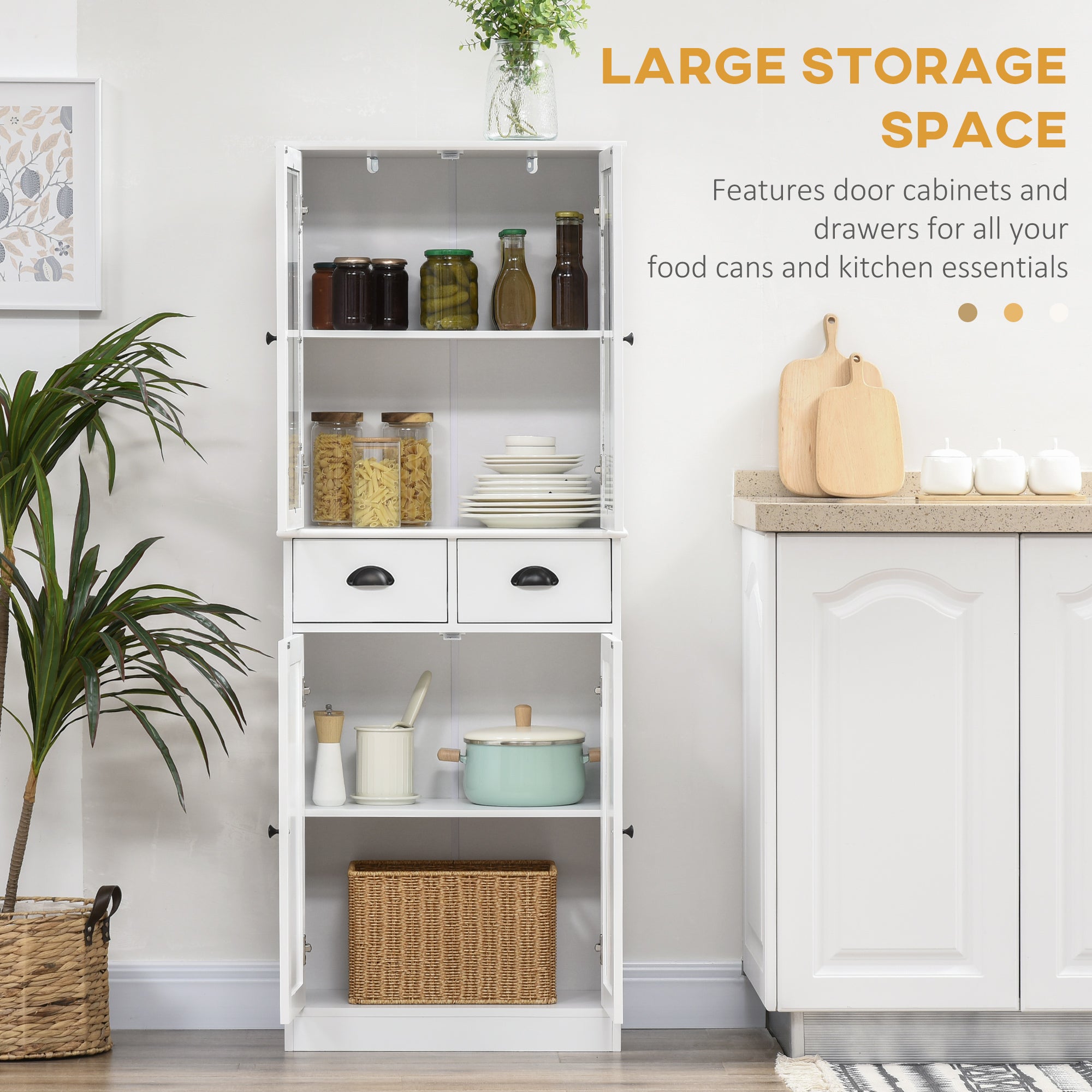 61" Freestanding Kitchen Pantry Cabinet with Glass Doors & Storage, White
