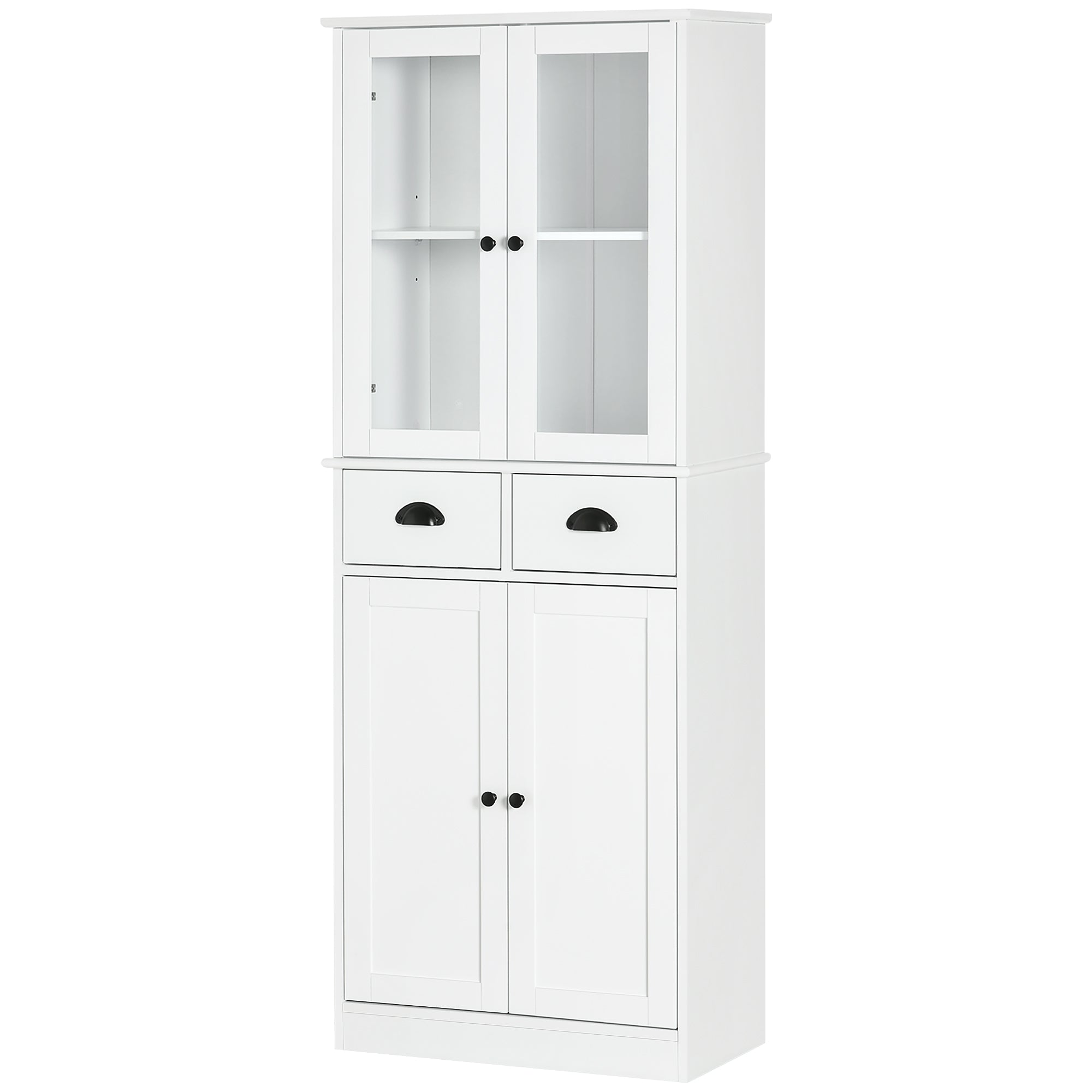 61" Freestanding Kitchen Pantry Cabinet with Glass Doors & Storage, White