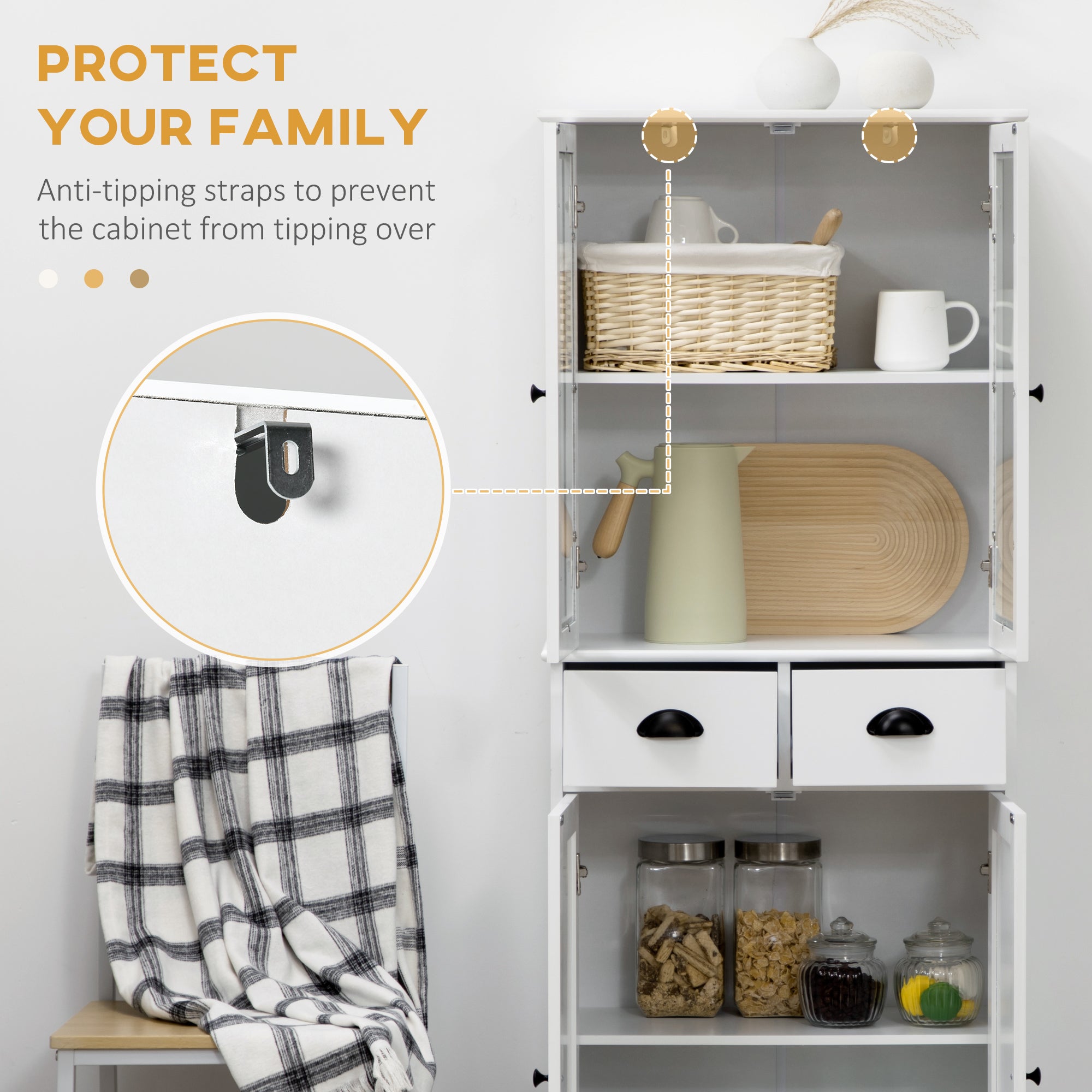 61" Freestanding Kitchen Pantry Cabinet with Glass Doors & Storage, White