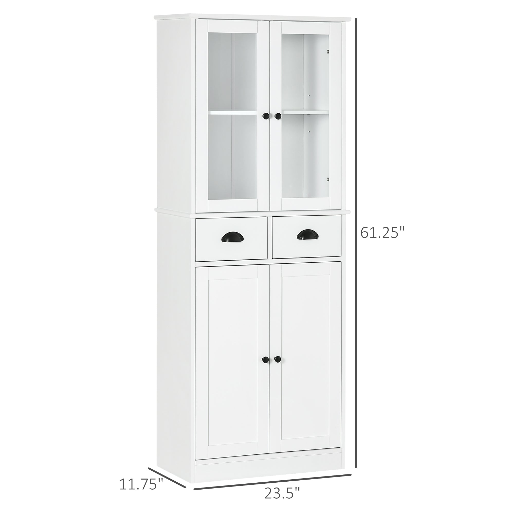61" Freestanding Kitchen Pantry Cabinet with Glass Doors & Storage, White