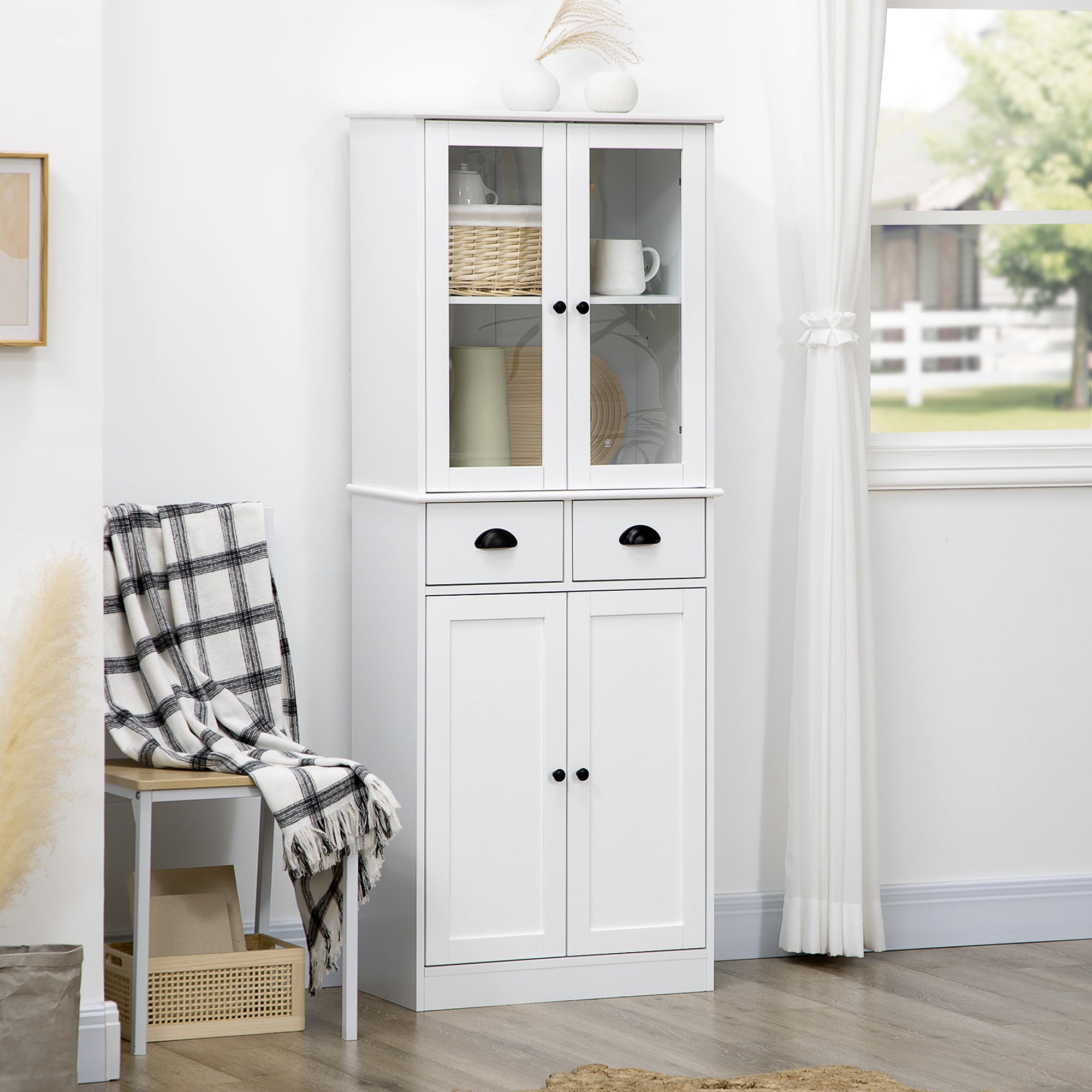 61" Freestanding Kitchen Pantry Cabinet with Glass Doors & Storage, White