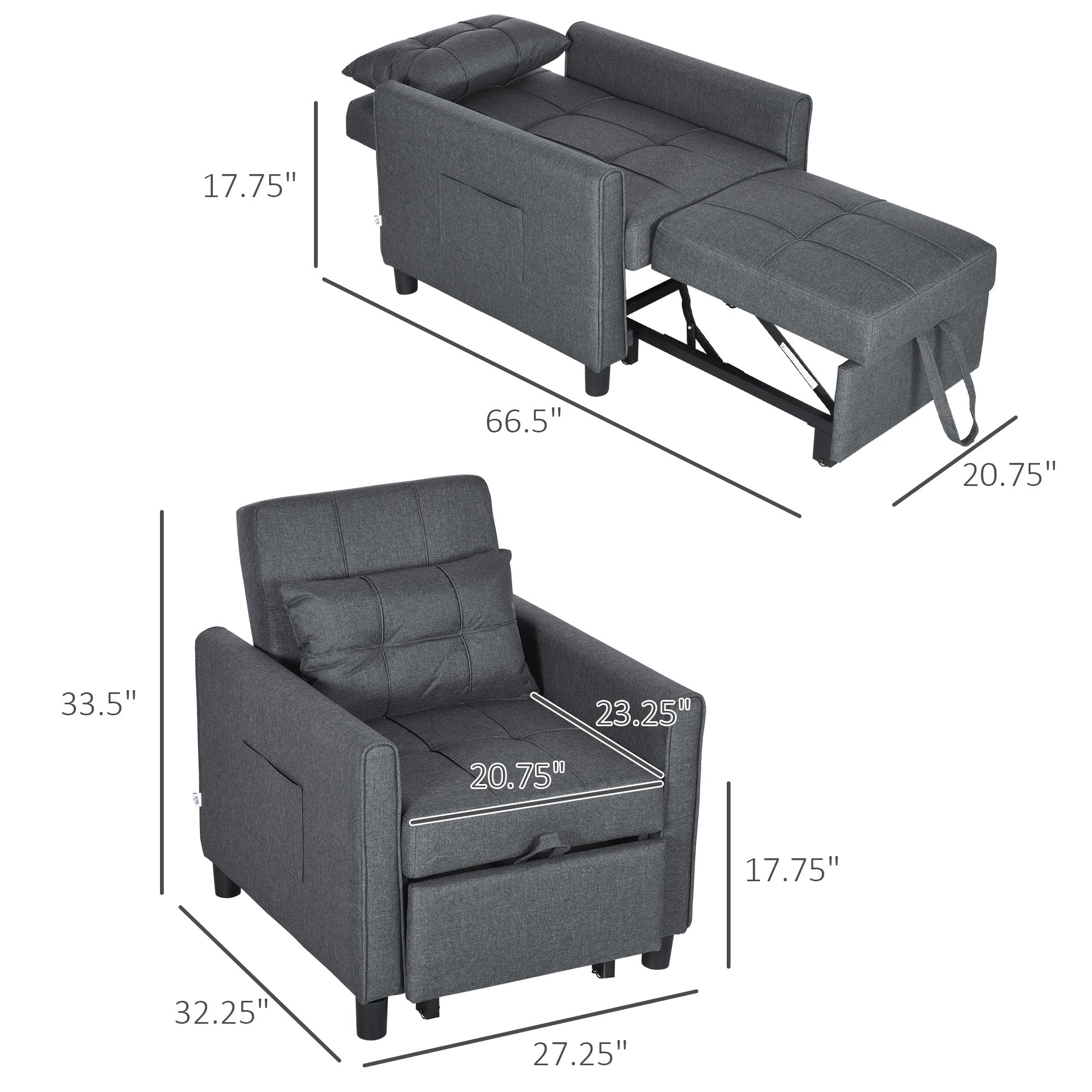 3-in-1 Convertible Pull Out Chair Bed with Adjustable Backrest, Pillow, & Pockets, Gray
