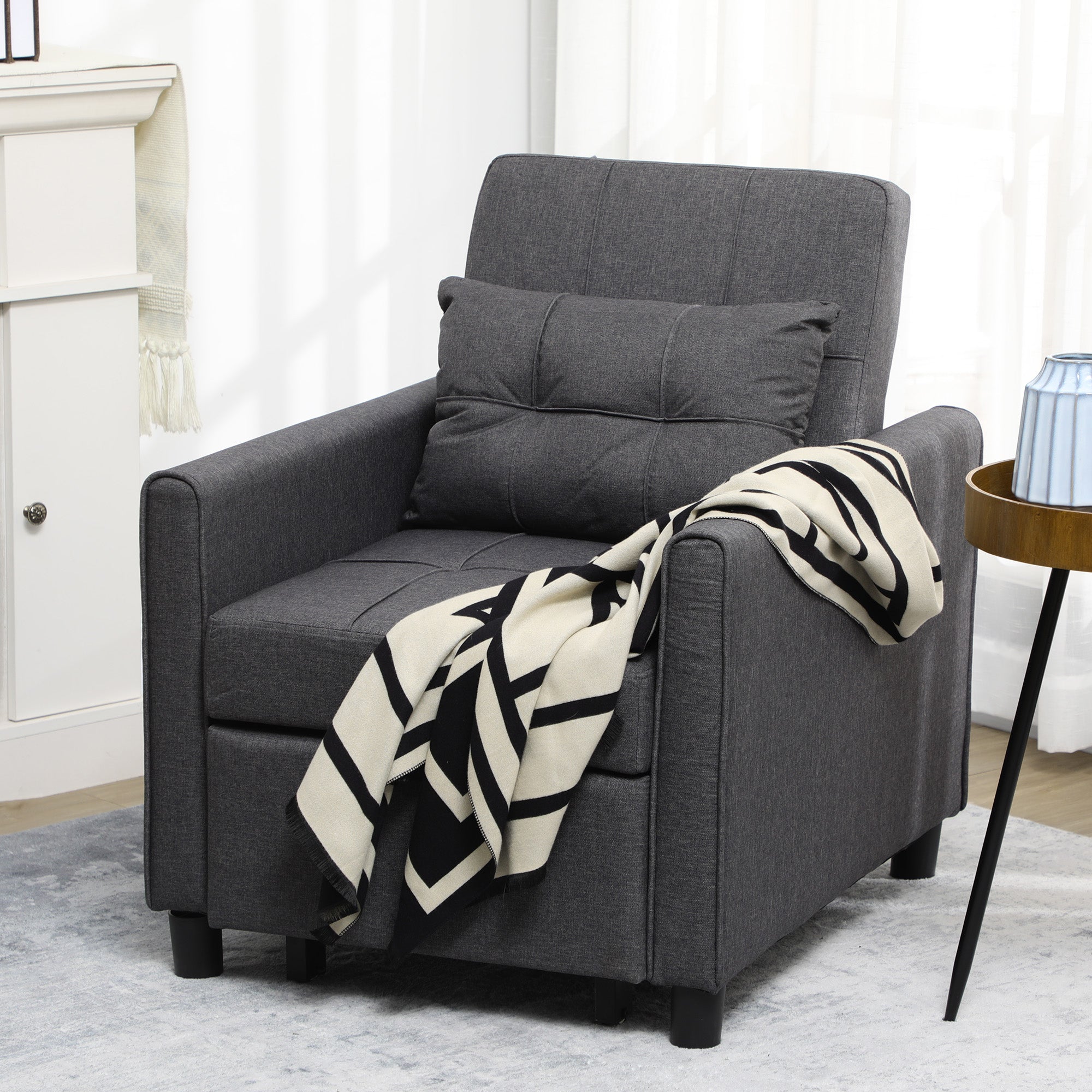 3-in-1 Convertible Pull Out Chair Bed with Adjustable Backrest, Pillow, & Pockets, Gray