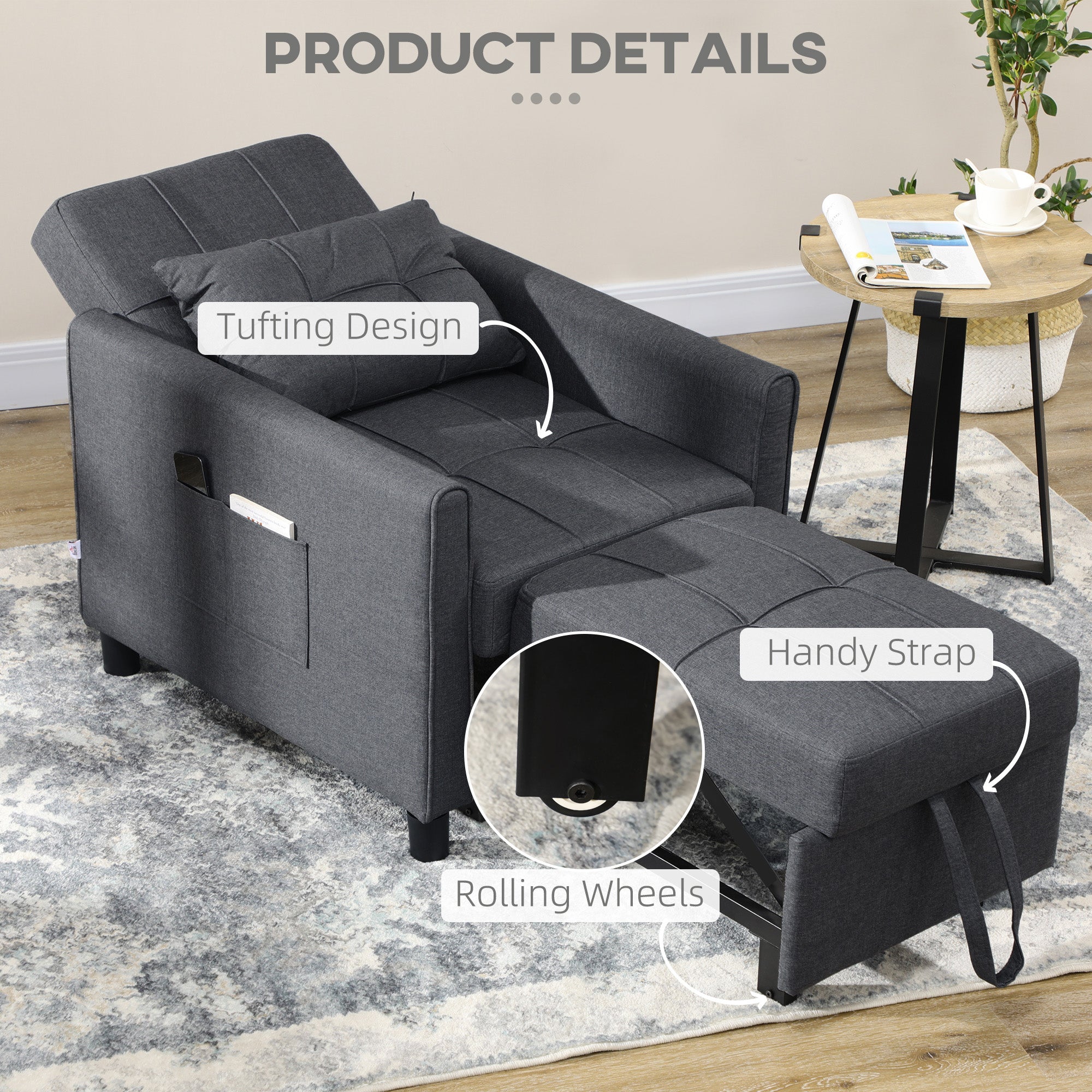 3-in-1 Convertible Pull Out Chair Bed with Adjustable Backrest, Pillow, & Pockets, Gray