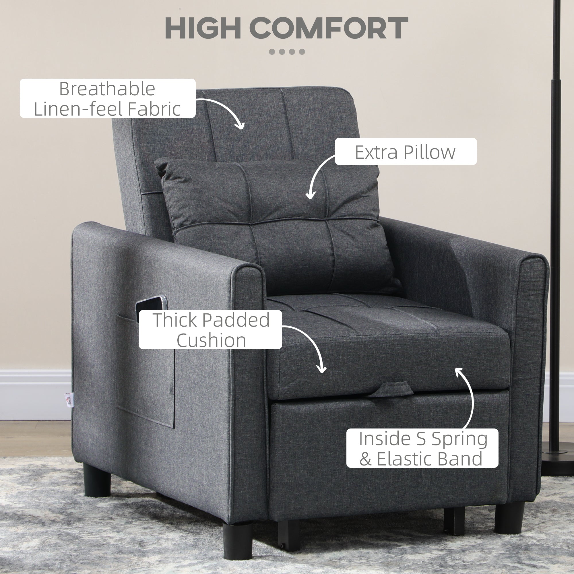 3-in-1 Convertible Pull Out Chair Bed with Adjustable Backrest, Pillow, & Pockets, Gray