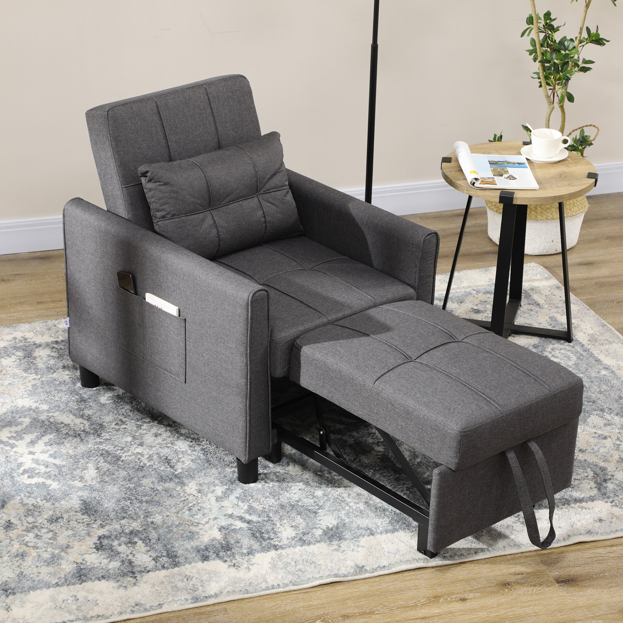 3-in-1 Convertible Pull Out Chair Bed with Adjustable Backrest, Pillow, & Pockets, Gray