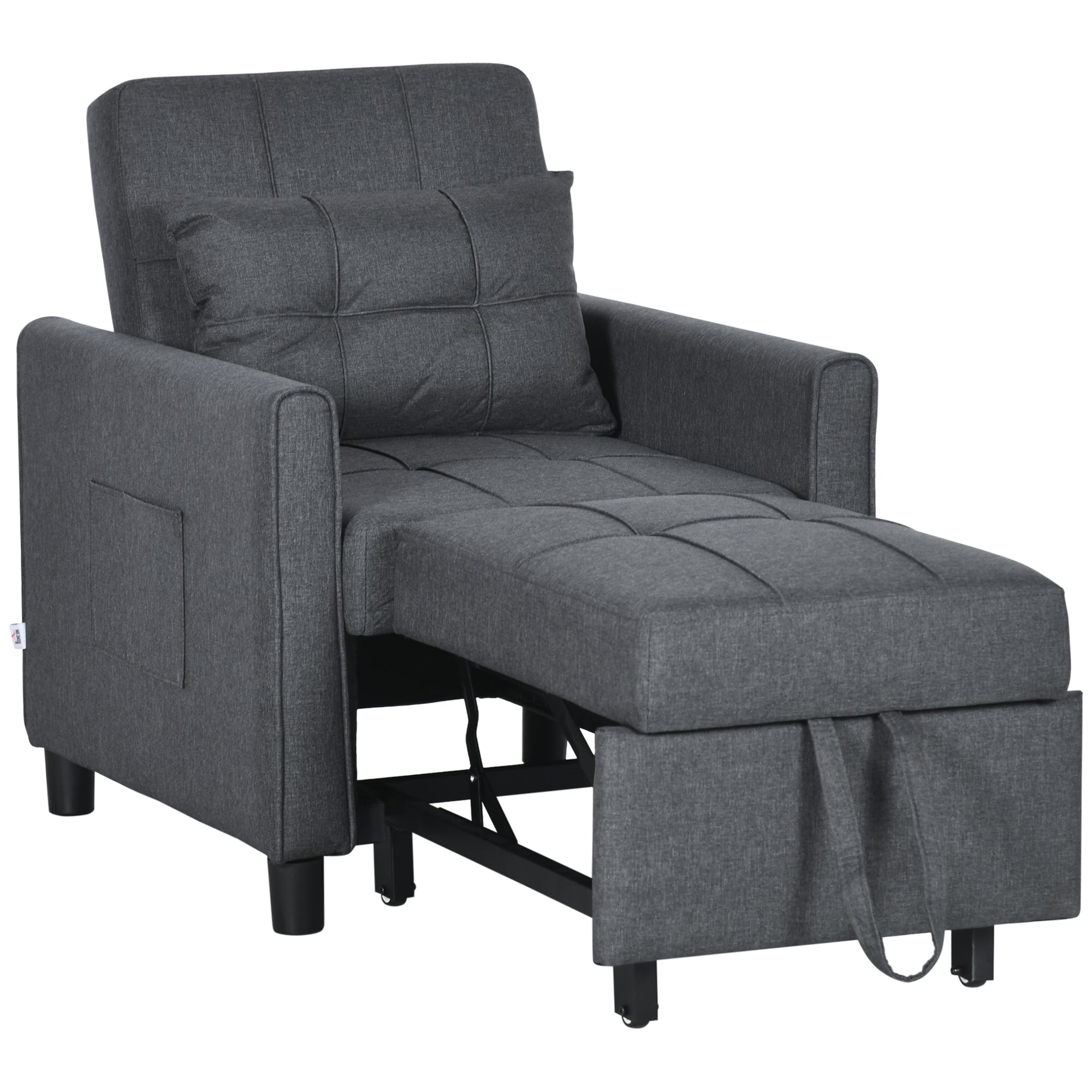 3-in-1 Convertible Pull Out Chair Bed with Adjustable Backrest, Pillow, & Pockets, Gray
