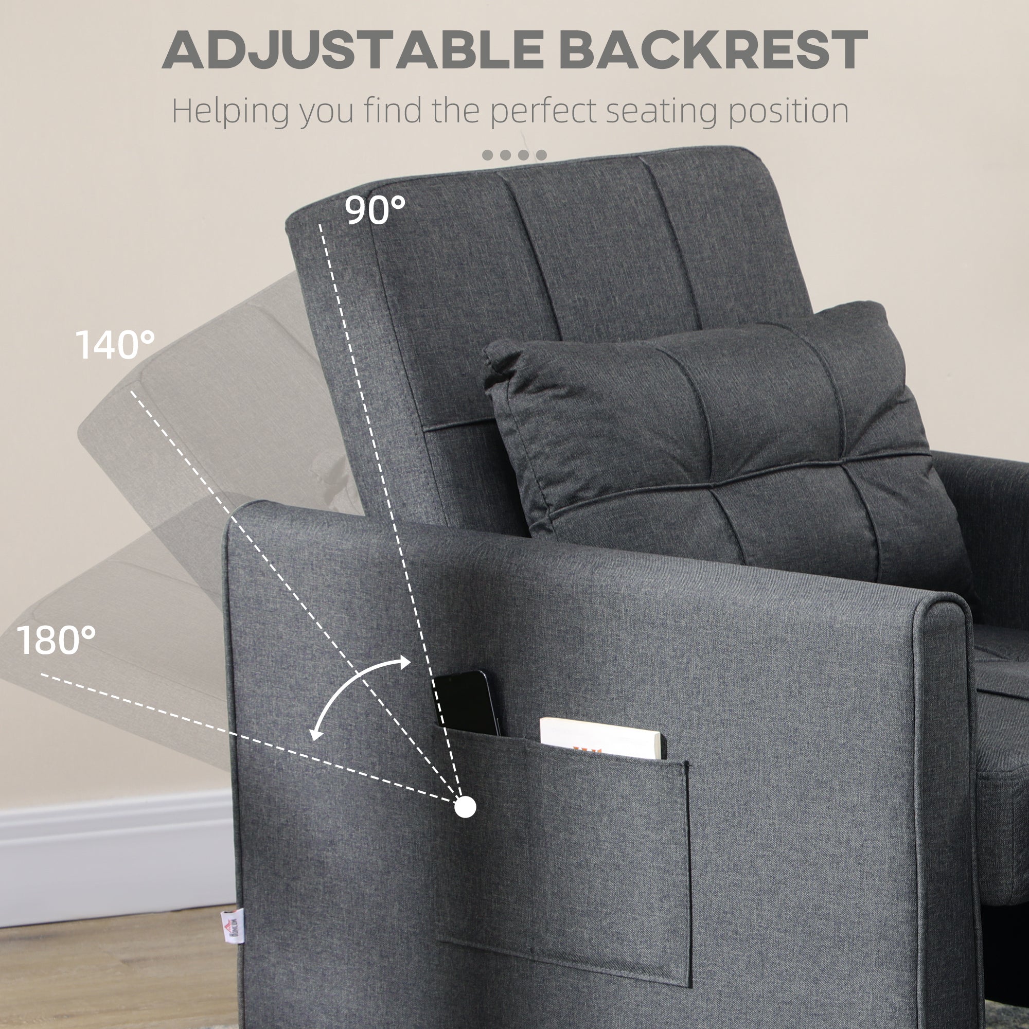 3-in-1 Convertible Pull Out Chair Bed with Adjustable Backrest, Pillow, & Pockets, Gray