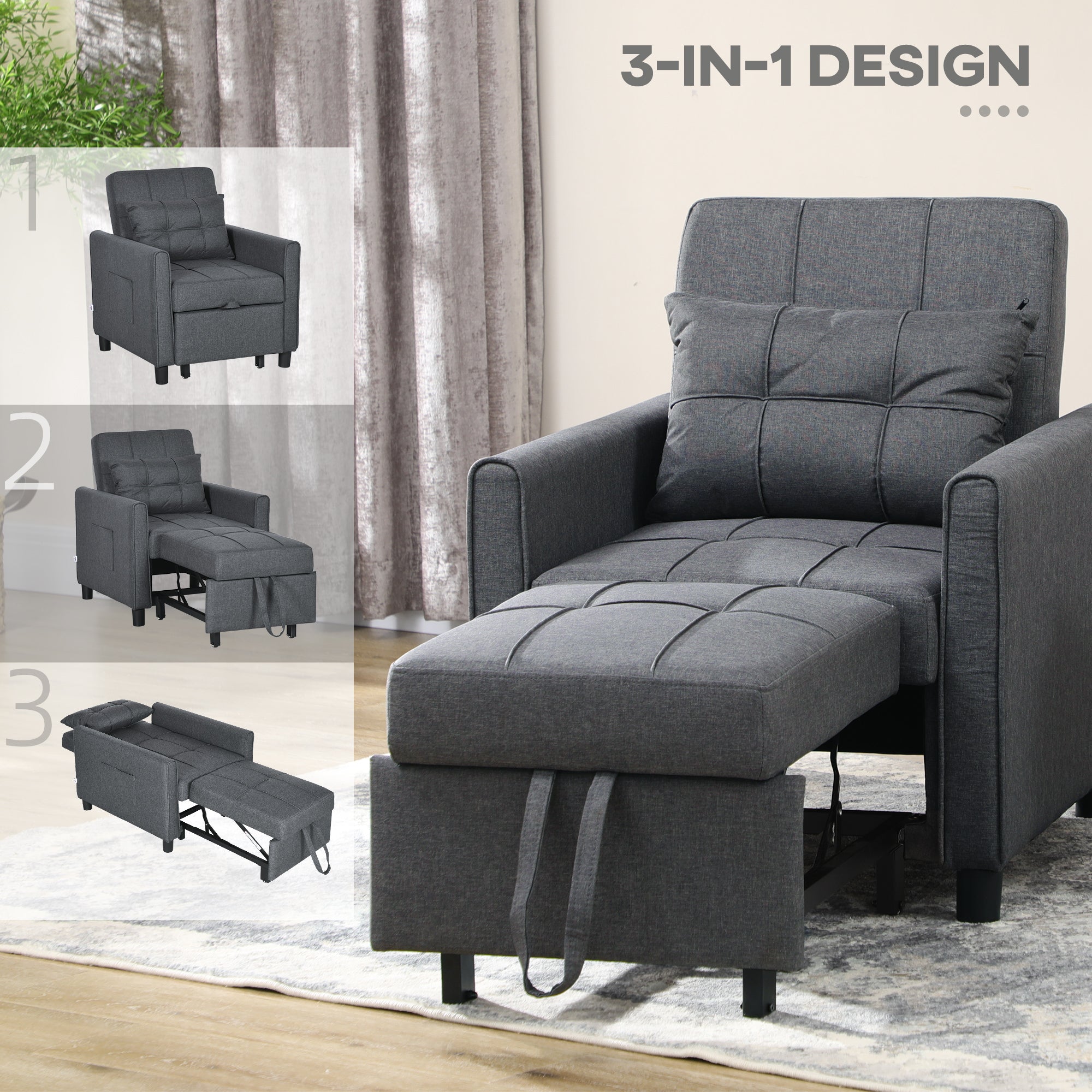 3-in-1 Convertible Pull Out Chair Bed with Adjustable Backrest, Pillow, & Pockets, Gray