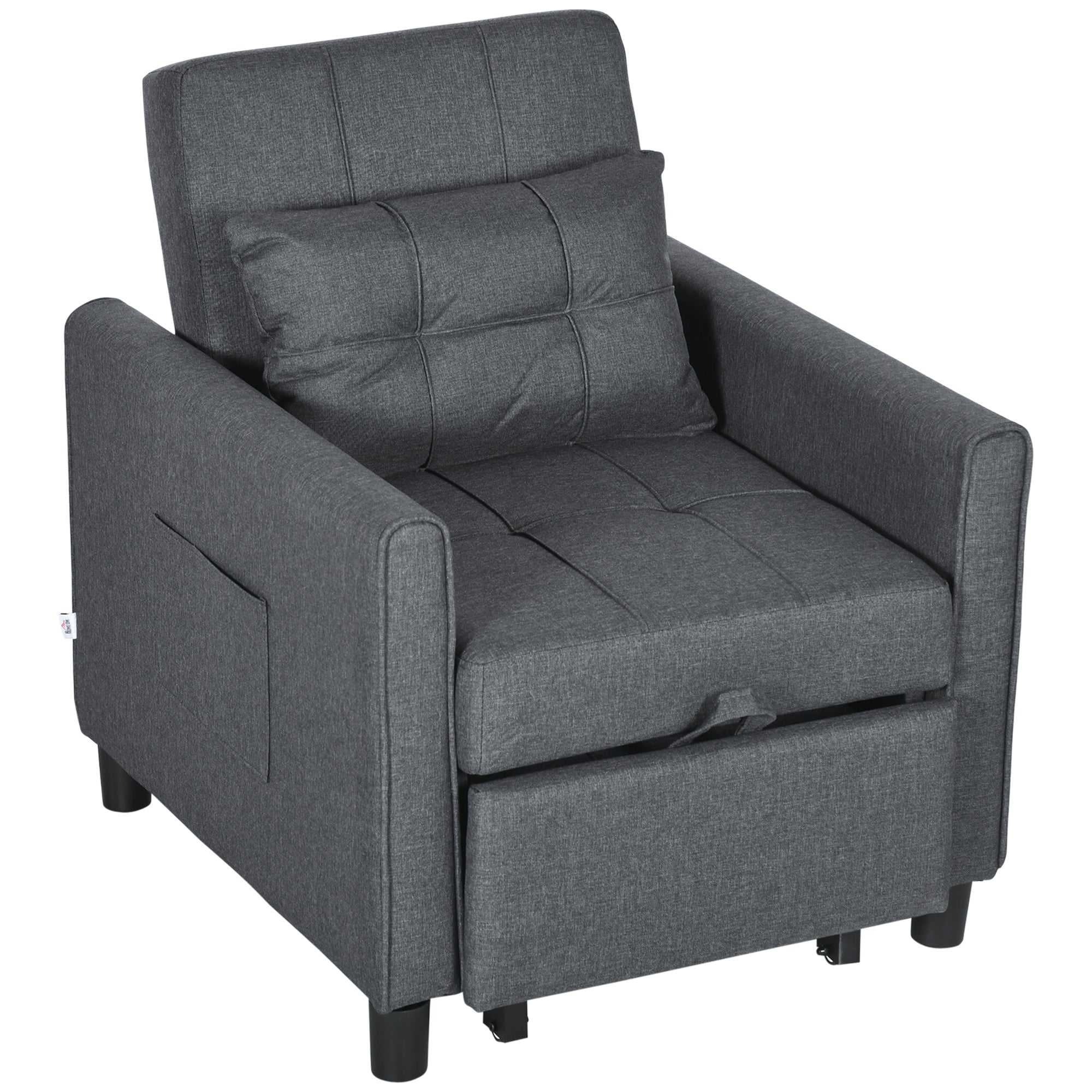 3-in-1 Convertible Pull Out Chair Bed with Adjustable Backrest, Pillow, & Pockets, Gray