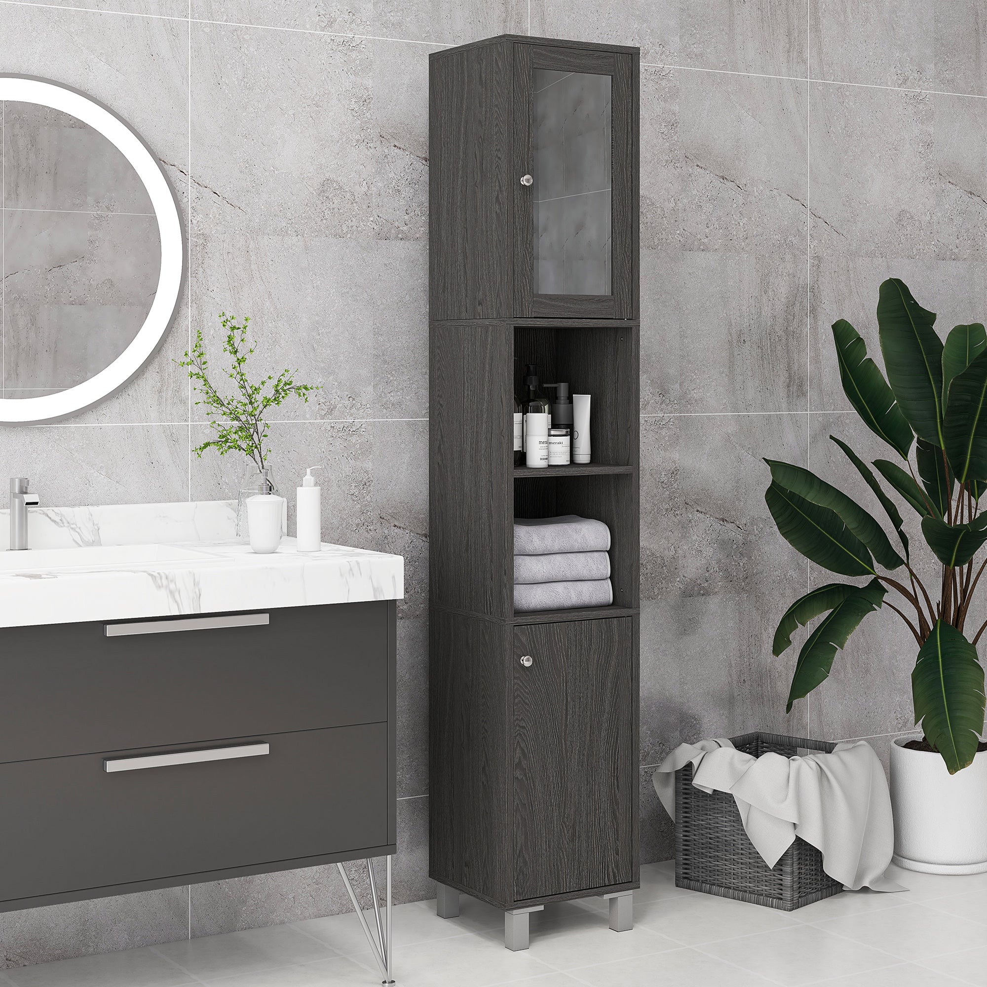 Tall Bathroom Cabinet w/ Mirror, Slim Linen Tower, Doors & Adjustable Shelves, Gray
