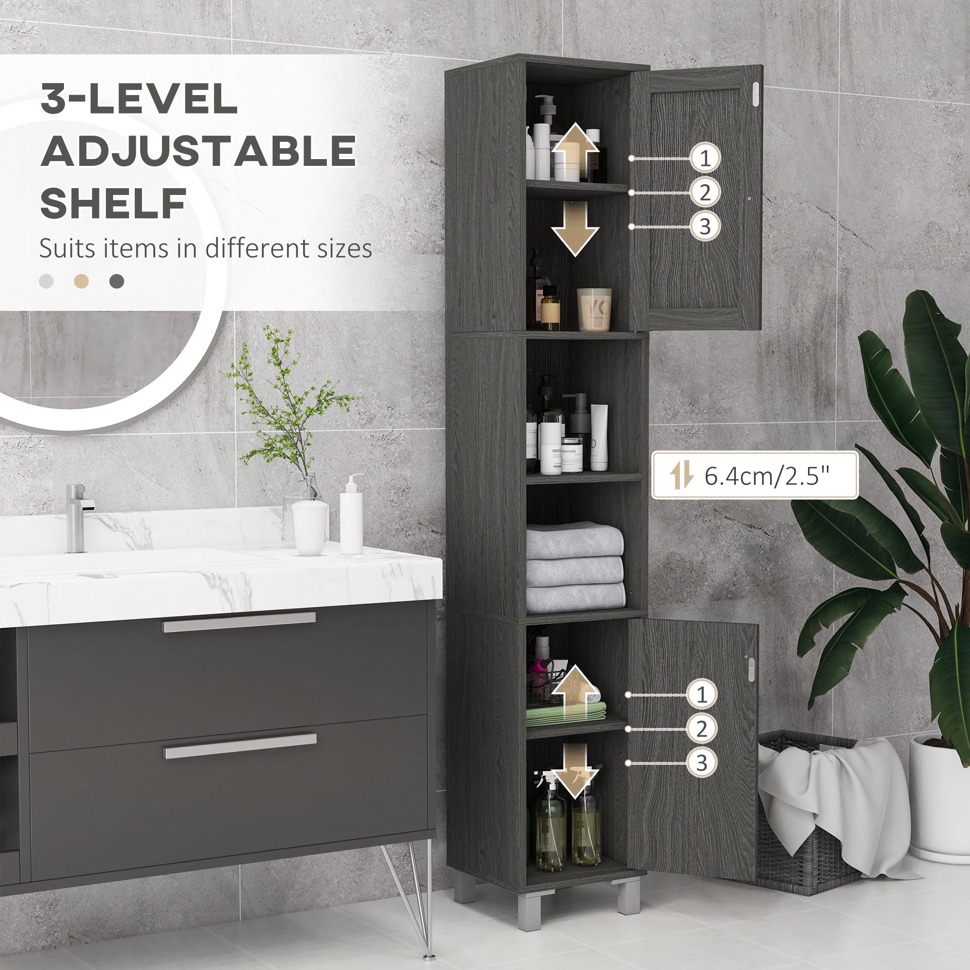 Tall Bathroom Cabinet w/ Mirror, Slim Linen Tower, Doors & Adjustable Shelves, Gray