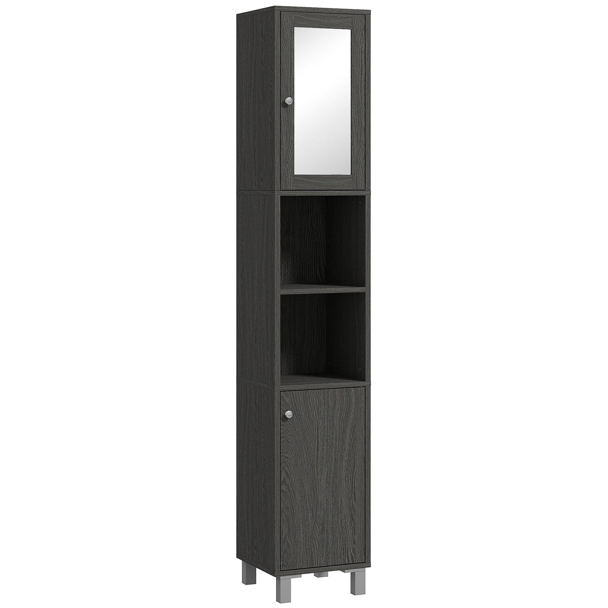 Tall Bathroom Cabinet w/ Mirror, Slim Linen Tower, Doors & Adjustable Shelves, Gray