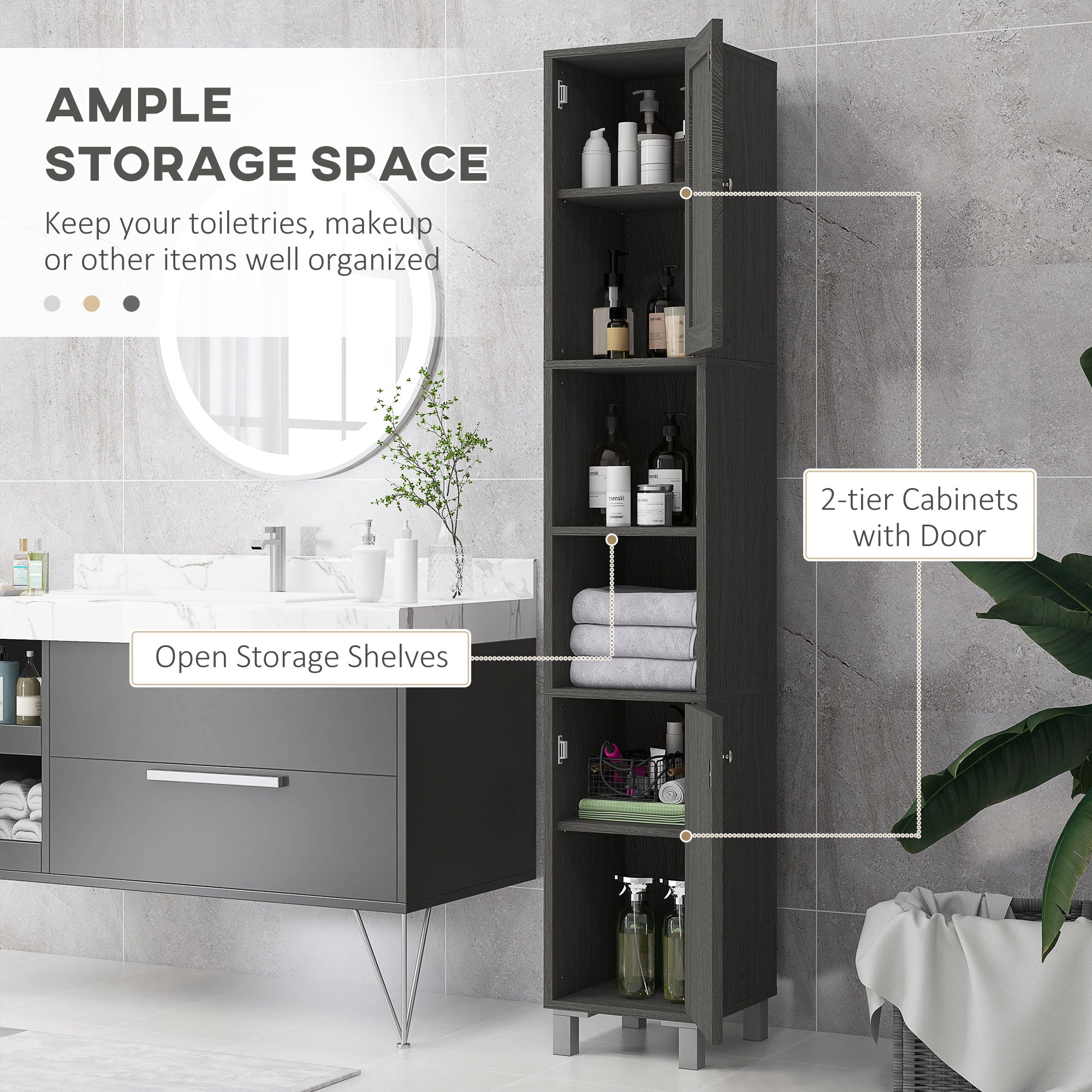 Tall Bathroom Cabinet w/ Mirror, Slim Linen Tower, Doors & Adjustable Shelves, Gray