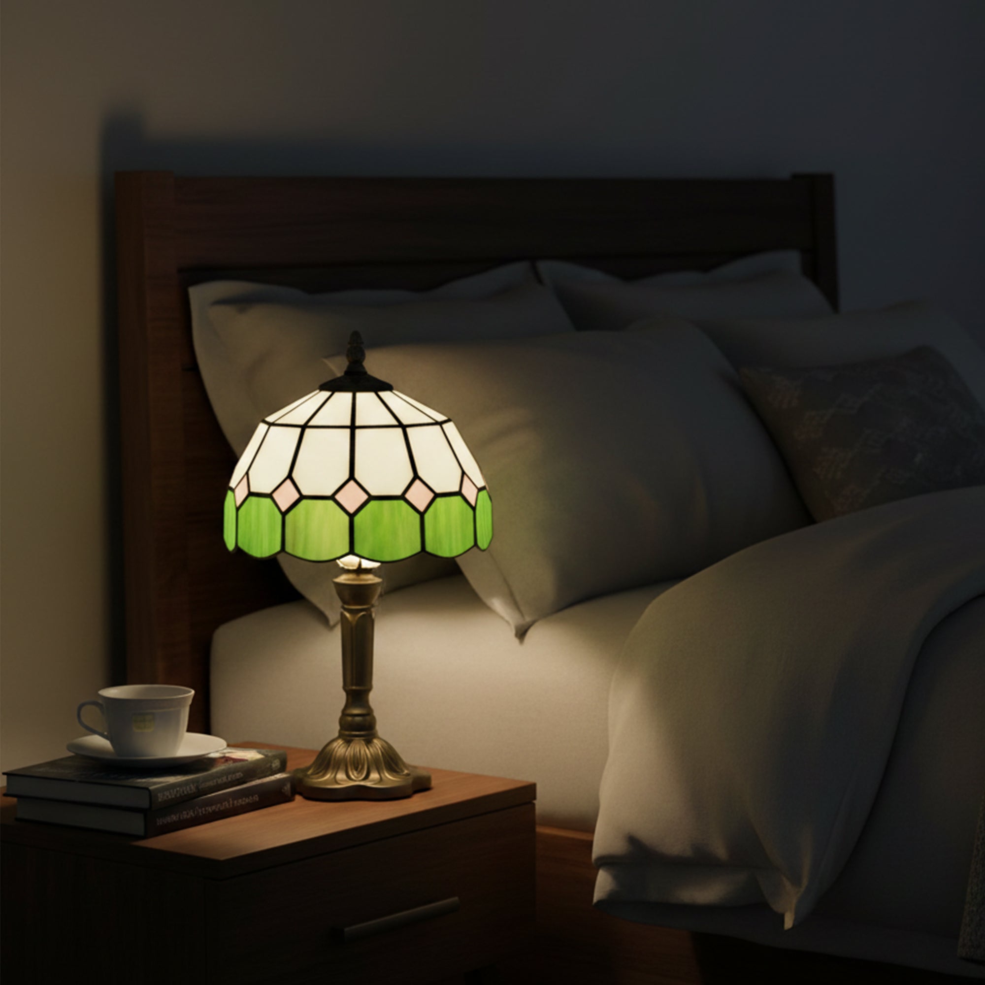 Handmade Stained Glass Table Lamp, Tiffany-Style Bedside Lamp for Bedroom, Living room, Home, Nightstand, Decorative Night Light, Green
