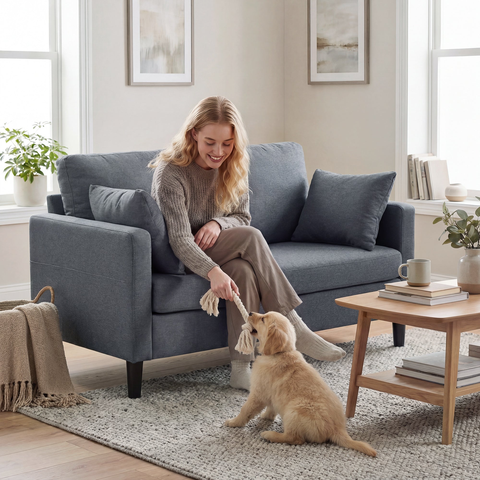 55" Loveseat Sofa, Modern Linen Upholstered Couch with Spring Cushion, 2 Pillows, 2 Seater Sofa for Living Room, Bedroom, Home Office, Dark Grey