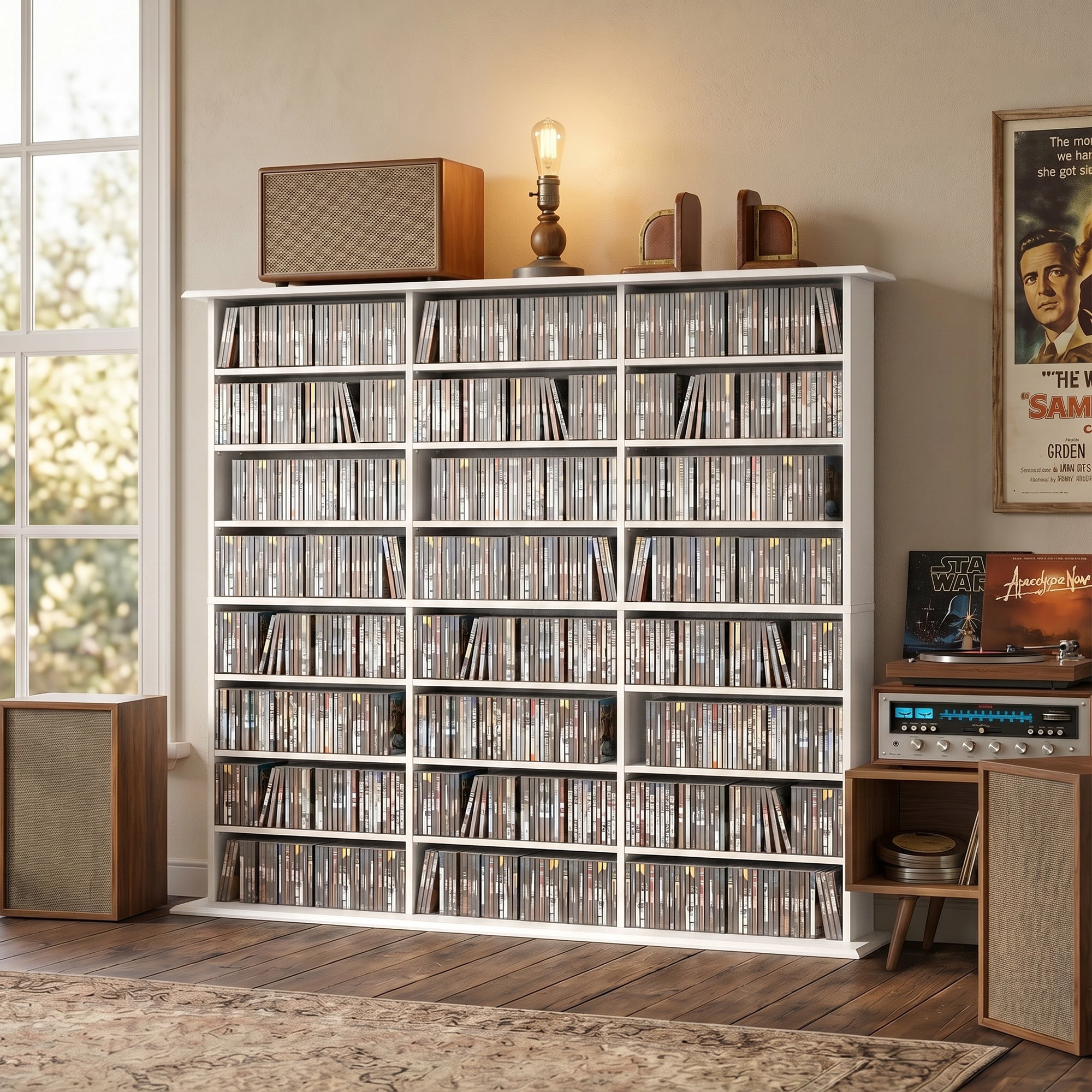 1032 CD/594 DVD Storage Unit, Blu-ray Media Storage Shelf with 24 Compartments and 18 Adjustable Shelves, CD Tower for Living Room, Bedroom, Office, White