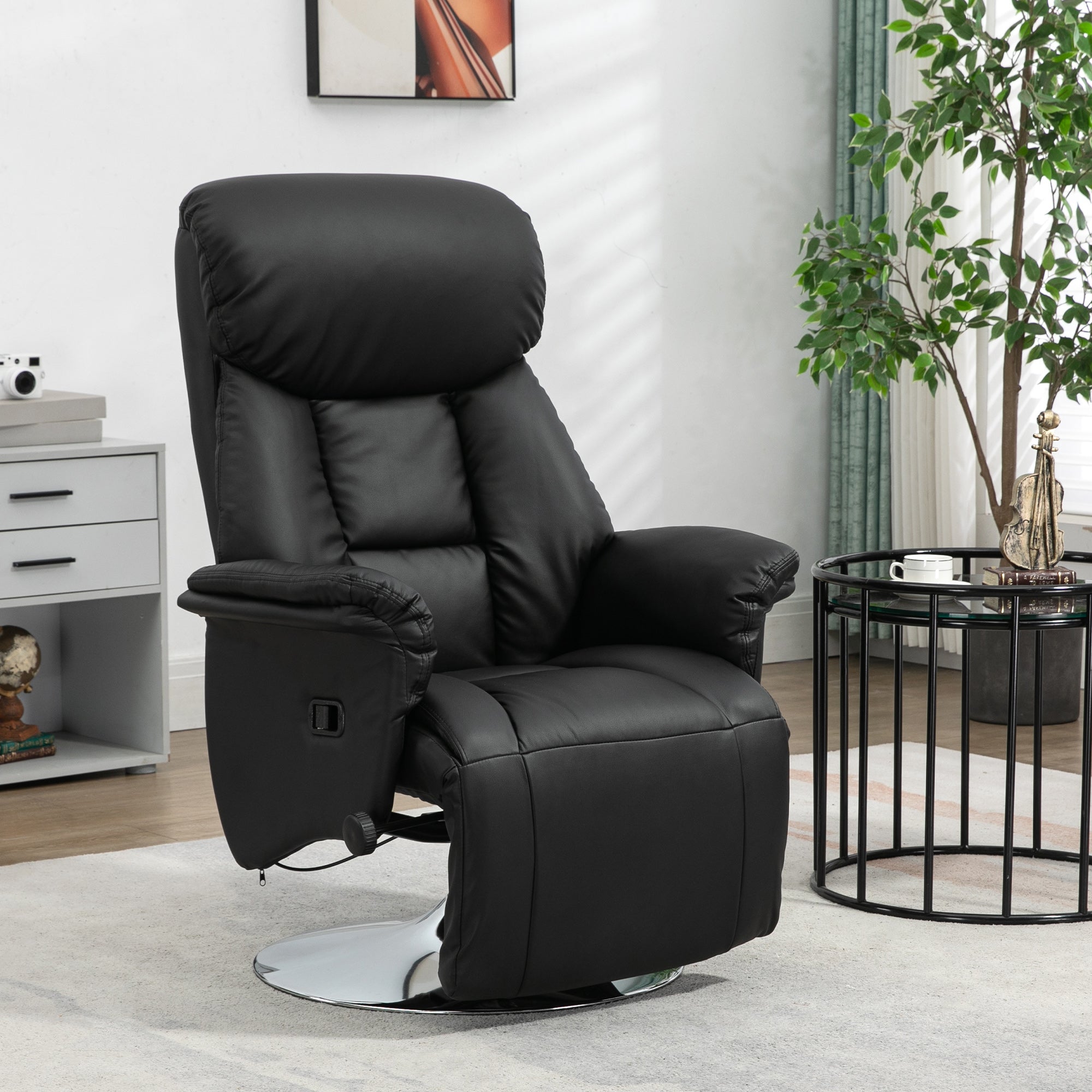 PU Leather Upholstered Recliner Chair with Footrest, Padded Arms & Steel Base, Black