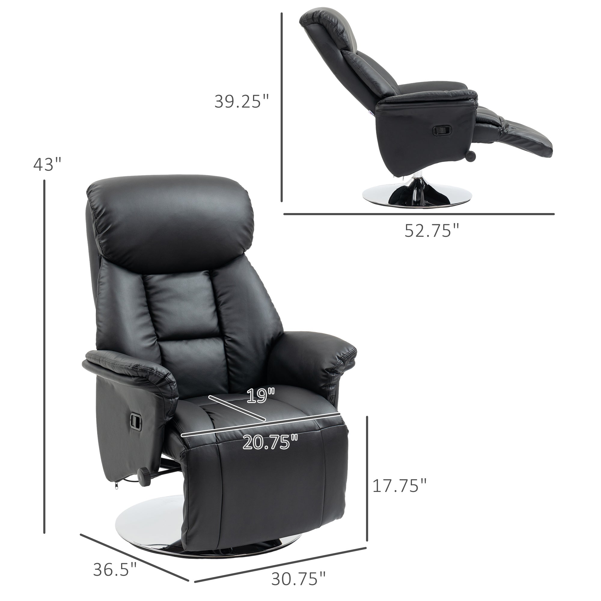 PU Leather Upholstered Recliner Chair with Footrest, Padded Arms & Steel Base, Black
