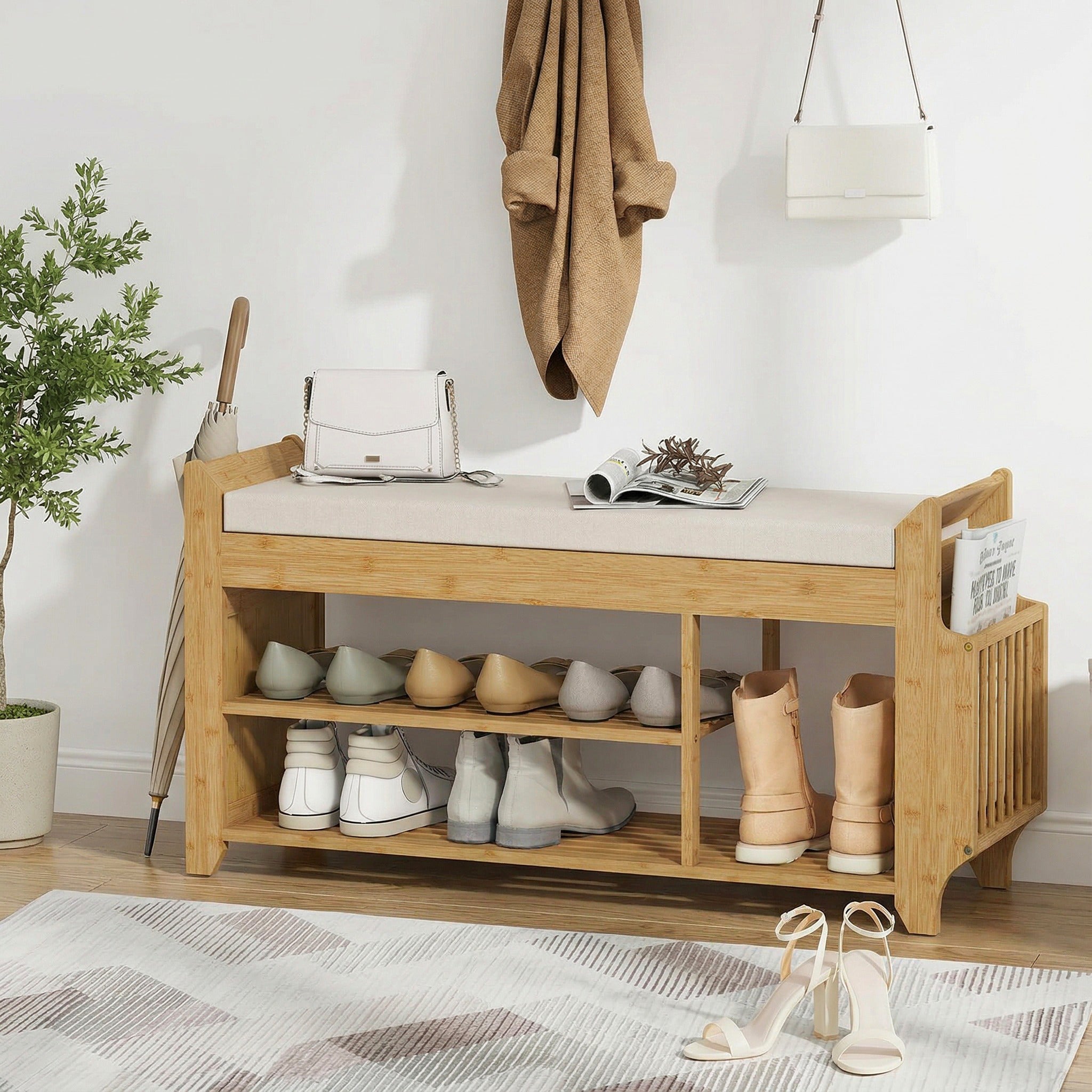 Shoe Bench with Cushioned Seat, 2-Tier Entryway Bench with Side Umbrella Holder, 39.4" in Natural Bamboo Shoe Rack for Hallway, Living Room, Natural and Cream
