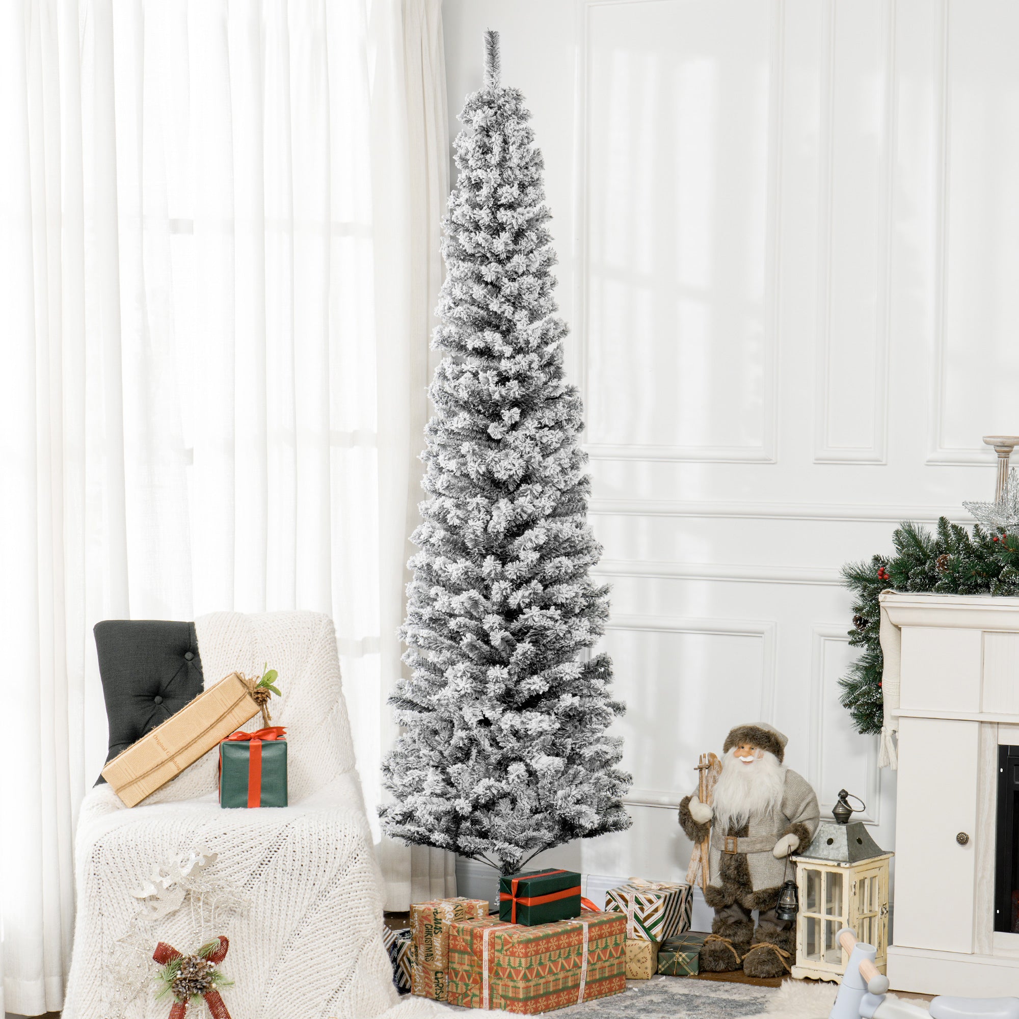 HOMCOM 7.5ft Snow Flocked Pencil Christmas Tree, Artificial Slim Xmas Tree with Realistic Branch Tips, Folding Metal Stand, Black