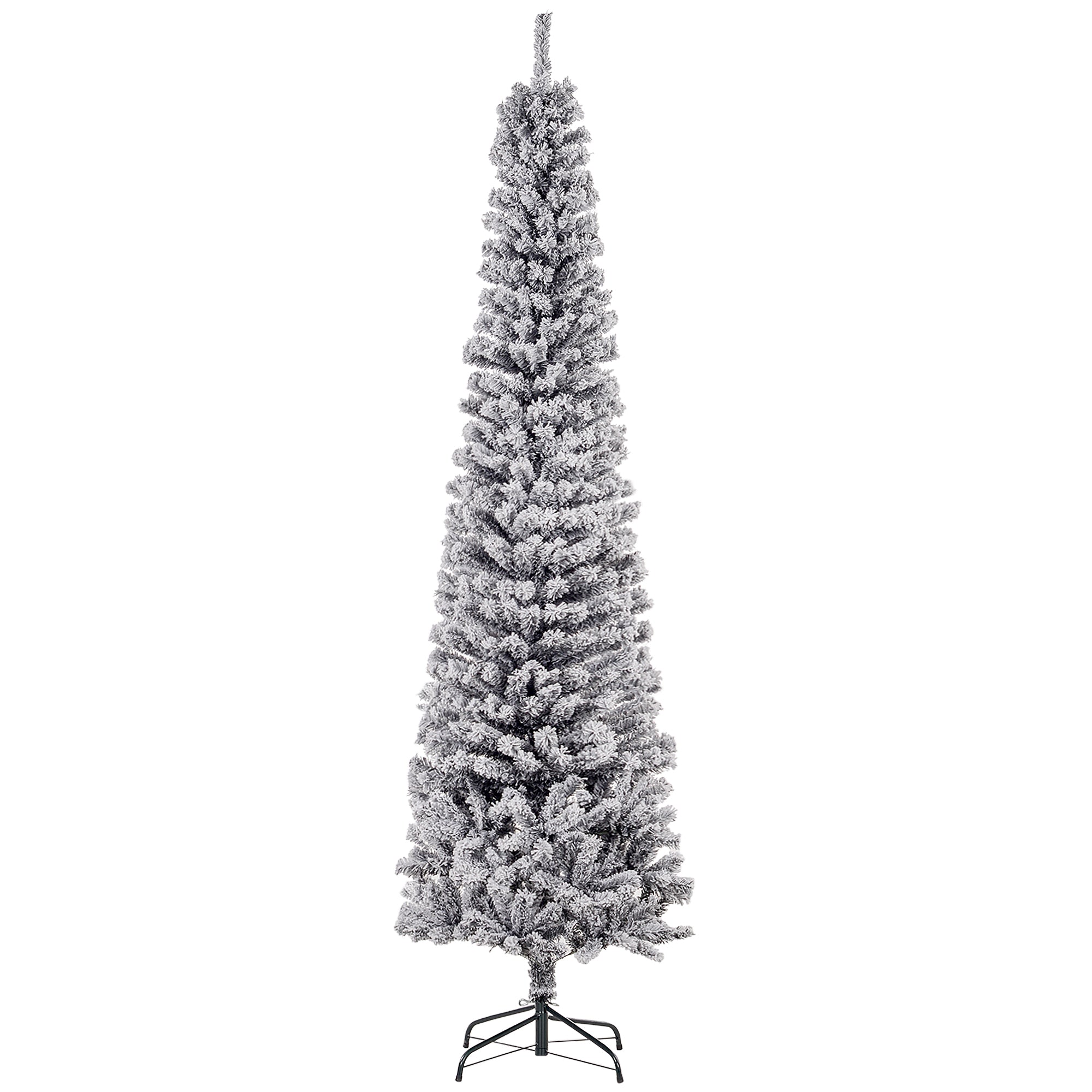 HOMCOM 7.5ft Snow Flocked Pencil Christmas Tree, Artificial Slim Xmas Tree with Realistic Branch Tips, Folding Metal Stand, Black
