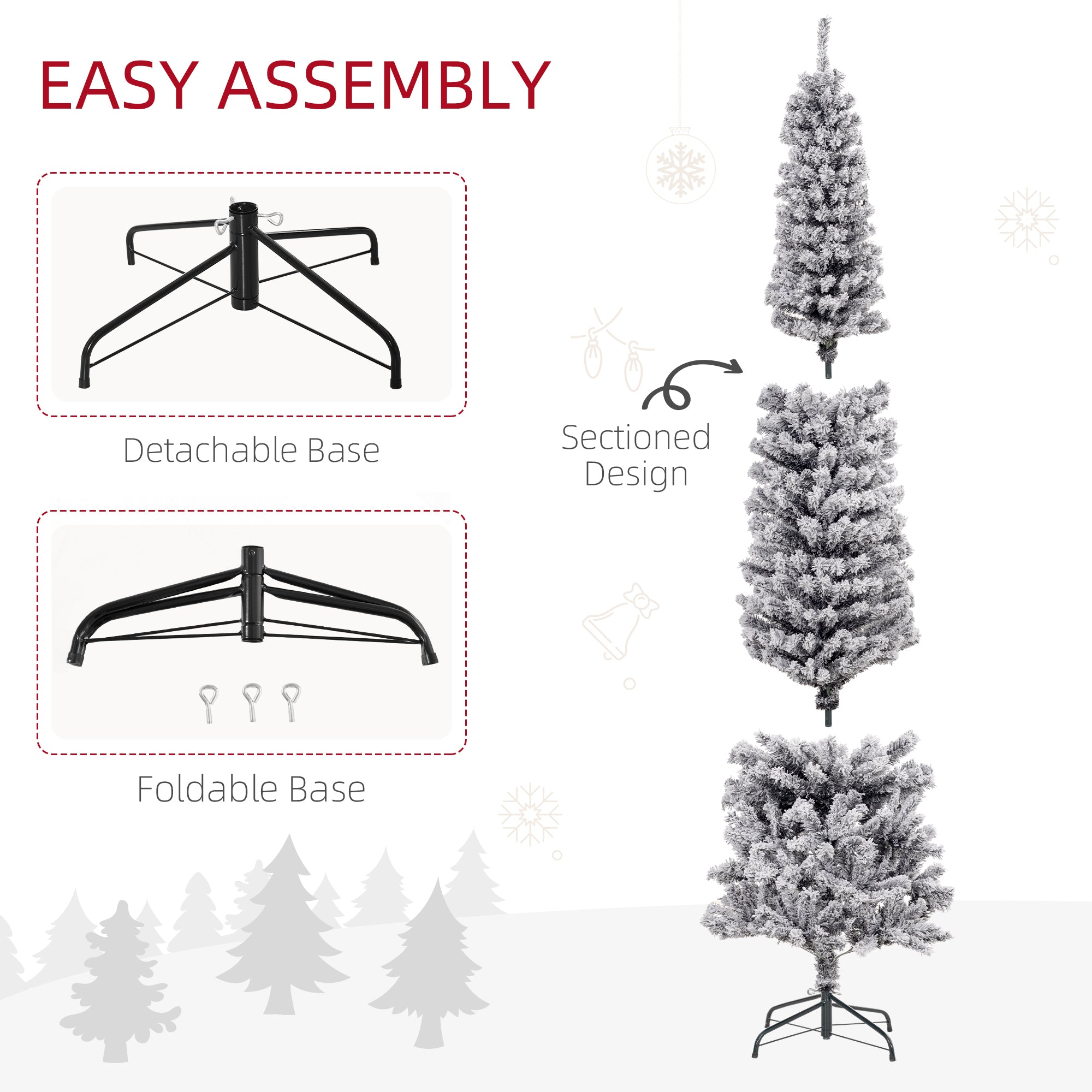 HOMCOM 7.5ft Snow Flocked Pencil Christmas Tree, Artificial Slim Xmas Tree with Realistic Branch Tips, Folding Metal Stand, Black