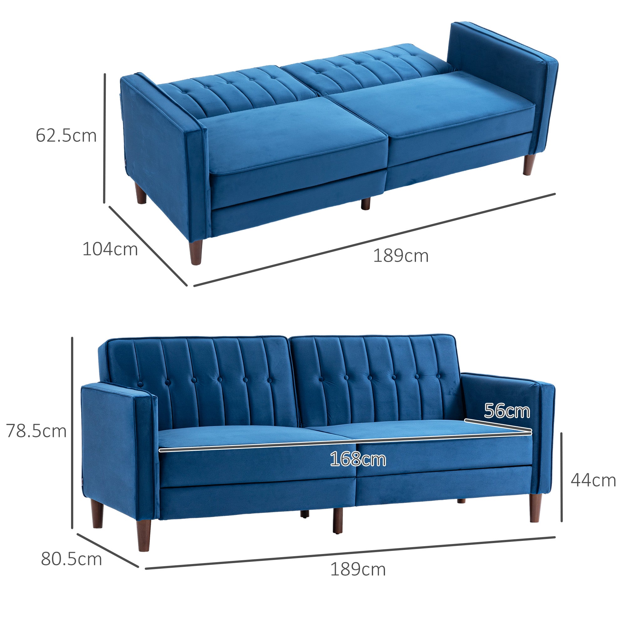 HOMCOM Modern 3 Seater Velvet Sofa Bed, Click Clack Sofa Bed, Button Tufted Sleeper Couch with Split Reclining Backrest and Rubber Wood Legs, Blue